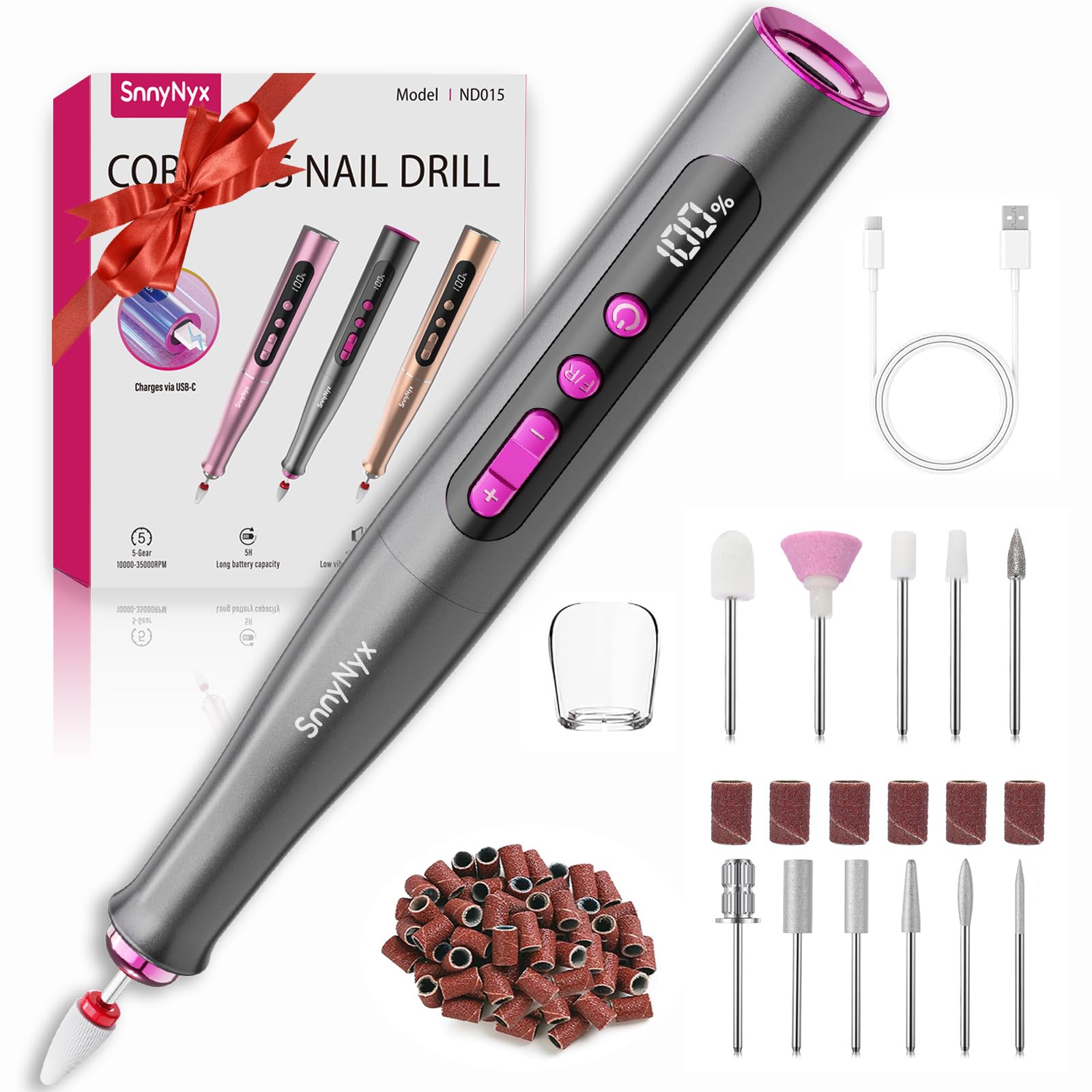 SnnyNyx Cordless Electric Nail Drill 35000 RPM, Professional Portable Nail File for Acrylic Nails & Gel Polish Removal, Low Vibration & Heat E-file with 11 Drill Bits, Salon-Quality Manicure Pedicure Kit (Matte Gray) 🍁 All In One Marketplace Canada