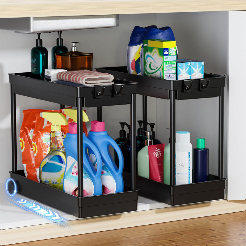Cicilyna 2 Pack Under Sink Organizer, 2 Tier Bathroom Cabinet Organizers and Storage with Hook, Multi-purpose Storage Basket Shelf for Kitchen, Black 🍁 All In One Marketplace Canada