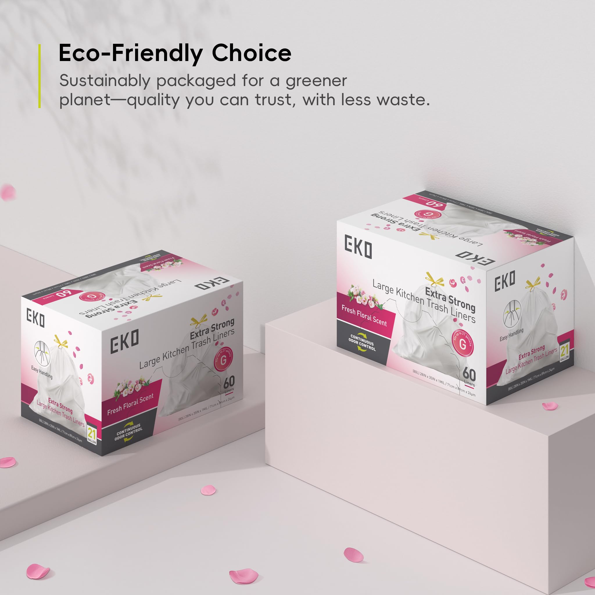 EKO Extra Strong 21 Gallon Large Trash Bags, Heavy-Duty Drawstring Kitchen & Household Garbage Bags (80L), Leak-Resistant, Fresh Floral Scent, Continuous Odor Control, 60 Count, Code G 🍁 All In One Marketplace Canada