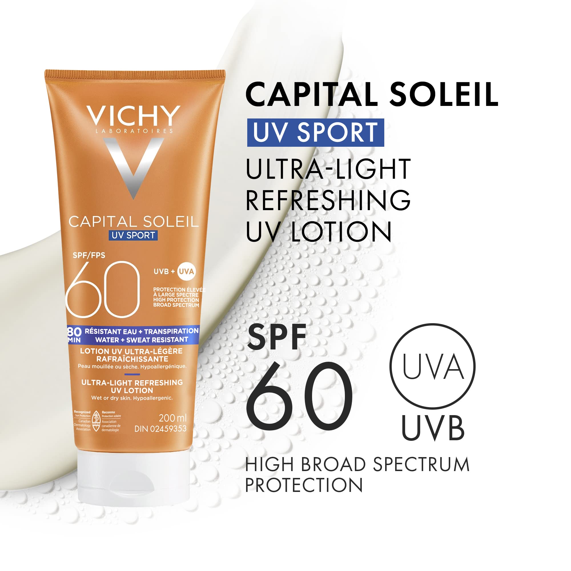 Vichy Water Resistant Sport Sunscreen, Ideal Soleil Sport SPF 60 Ultra Light Sunscreen Lotion for Face and Body, with Broad Spectrum SPF 60 and Mexoryl, 200mL 🍁 All In One Marketplace Canada