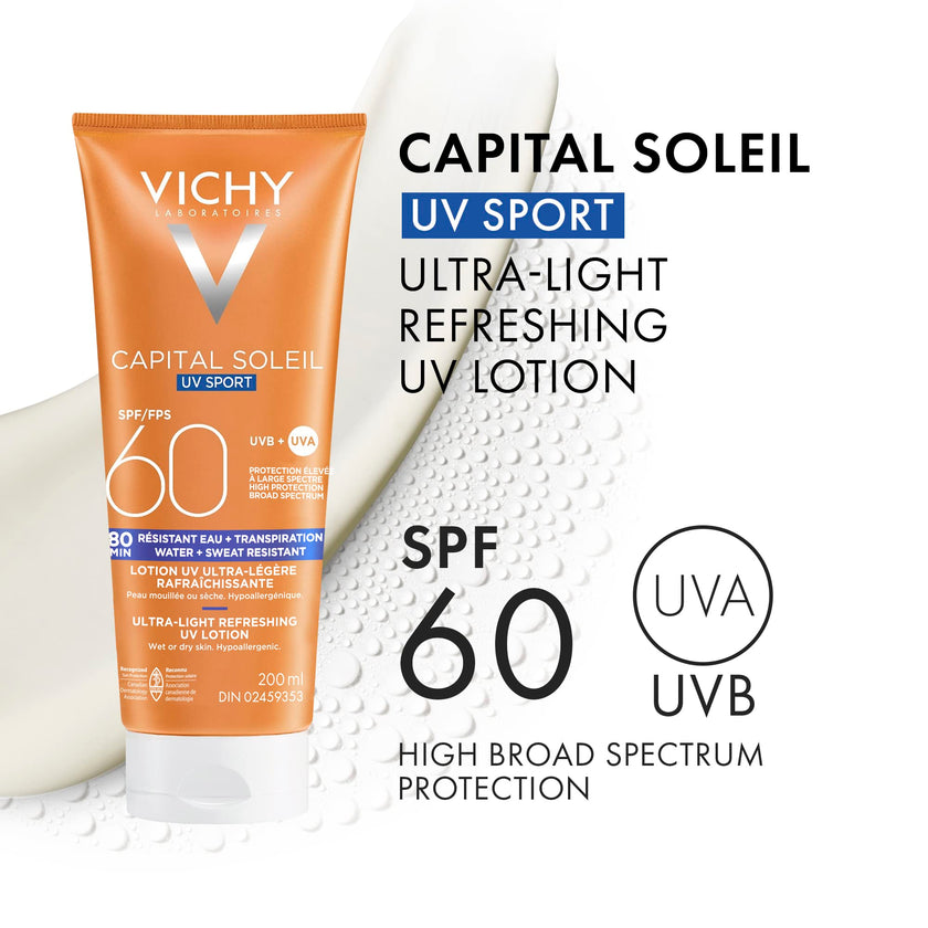 Vichy Water Resistant Sport Sunscreen, Ideal Soleil Sport SPF 60 Ultra Light Sunscreen Lotion for Face and Body, with Broad Spectrum SPF 60 and Mexoryl, 200mL 🍁 All In One Marketplace Canada
