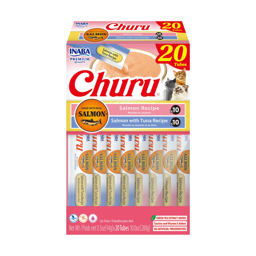 INABA Salmon Churu Cat Treats, Lickable, Squeezable Creamy Purée Cat Treat with Green Tea Extract & Taurine, 14 Grams Each Tube, 20 Tubes, Salmon & Tuna Variety Box 🍁 All In One Marketplace Canada