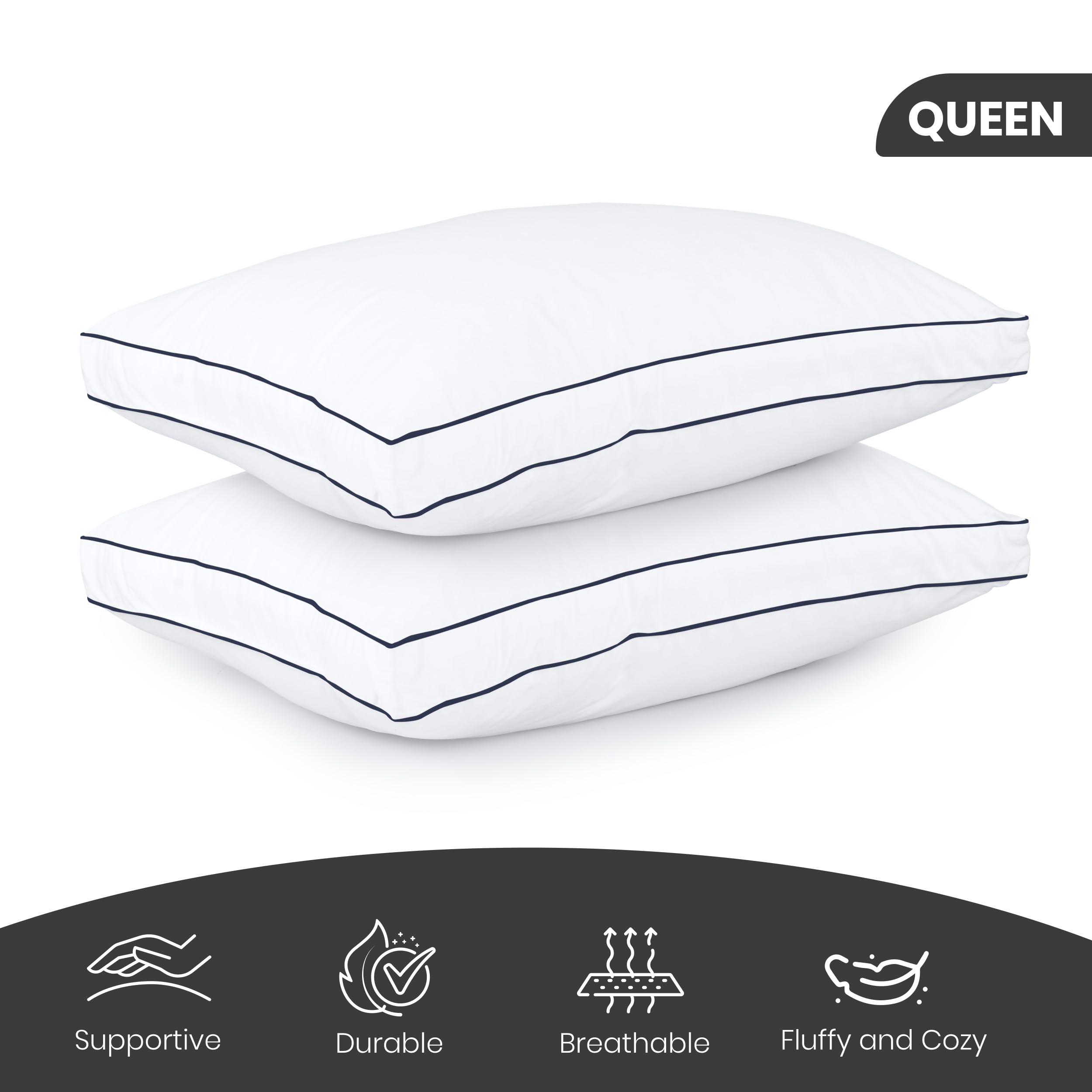 Utopia Bedding Bed Pillows for Sleeping Queen Size (Navy Hem), Set of 2, Cooling Hotel Quality, Gusseted Pillow for Back, Stomach or Side Sleepers 🍁 All In One Marketplace Canada