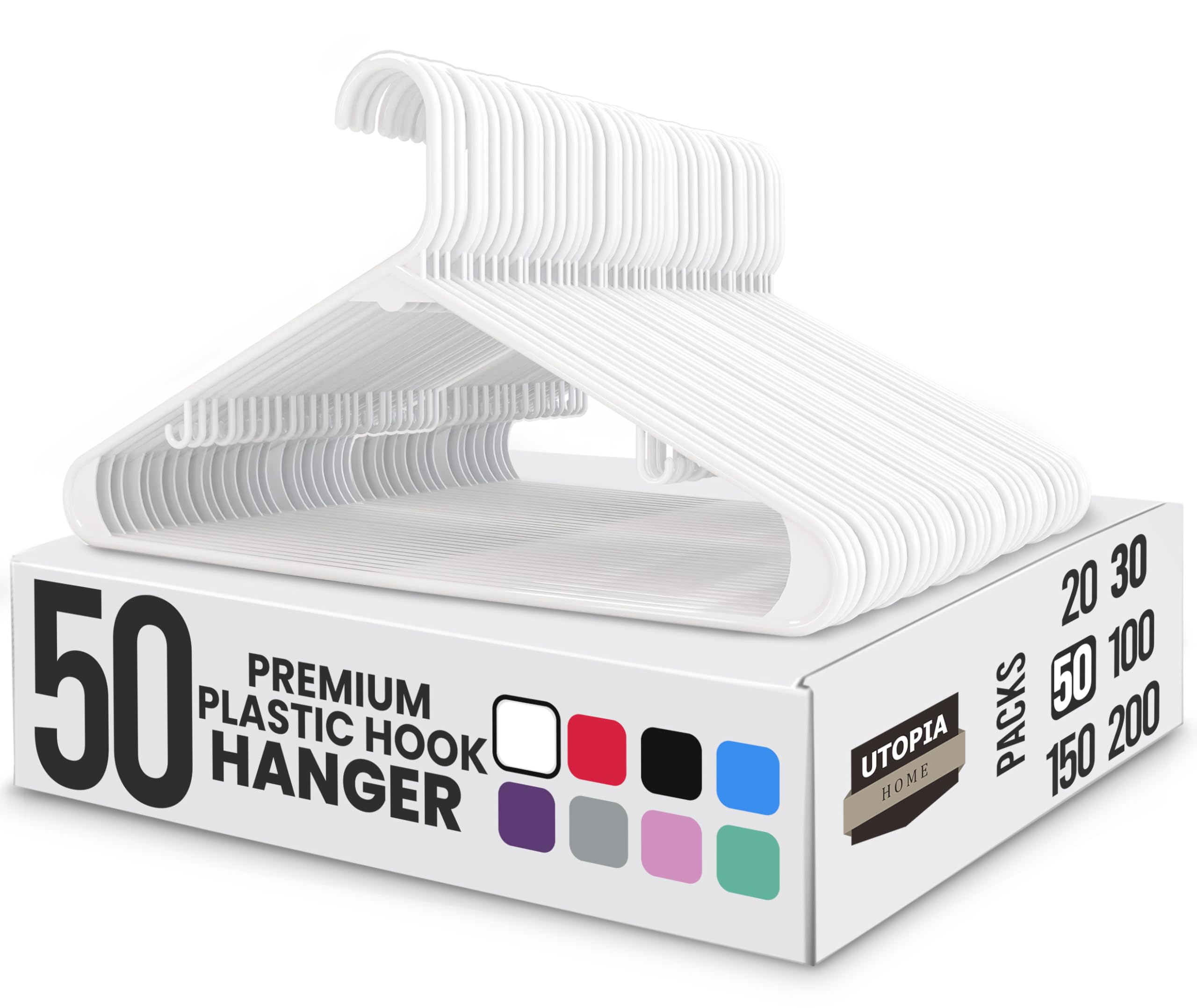 Utopia Home Plastic Hanger, 50 Pack, White Clothes Hangers with Hooks, Durable Heavy Duty Coat Hangers for Shirts, Pants, Skirts, Jackets, Blouses, Dresses, and Everyday Closet Organization 🍁 All In One Marketplace Canada