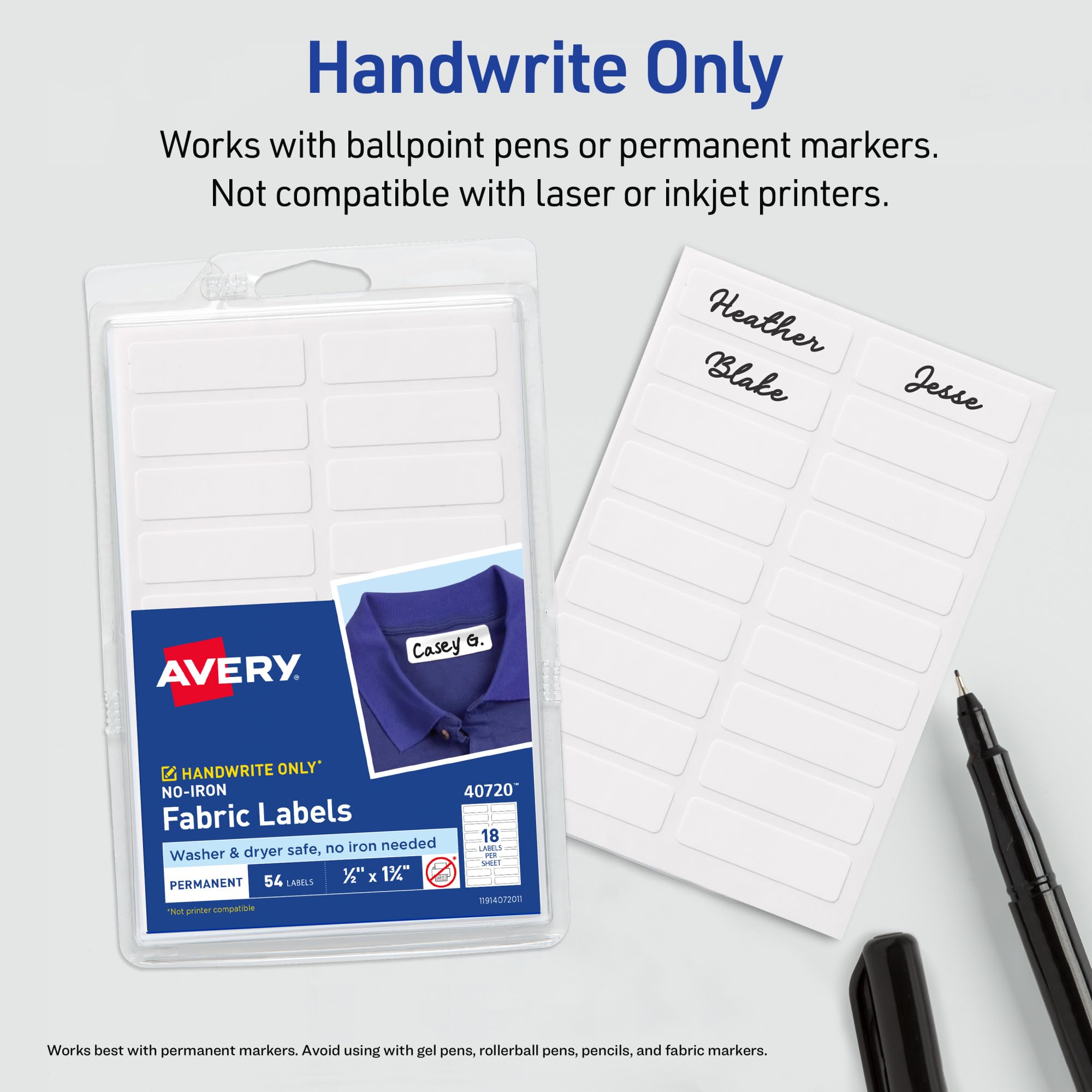 AVERY No Iron Clothing Labels, Washer & Dryer Safe, Writable Fabric Labels, 54 Labels, 1 Pack (40720), White, 1/2