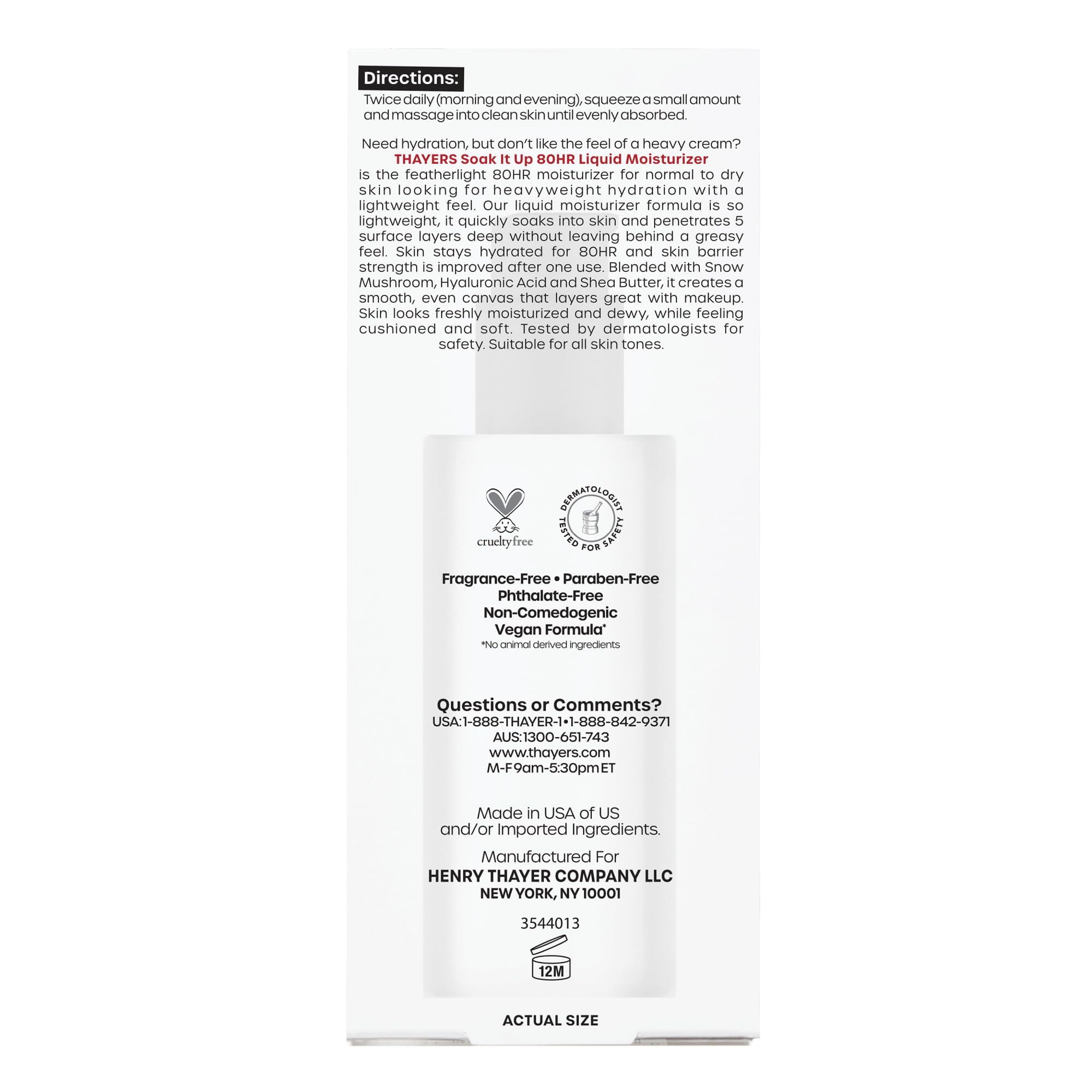 THAYERS Soak It Up 80HR Liquid Moisturizer, with HYALURONIC ACID and Snow Mushroom, Dermatologist Tested Skin Care for Normal to Dry Skin, Lightweight Formula, 75 ml 🍁 All In One Marketplace Canada