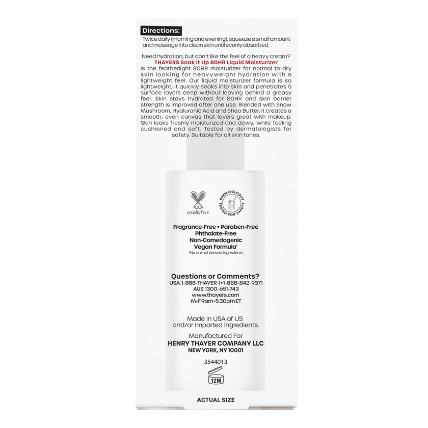 THAYERS Soak It Up 80HR Liquid Moisturizer, with HYALURONIC ACID and Snow Mushroom, Dermatologist Tested Skin Care for Normal to Dry Skin, Lightweight Formula, 75 ml 🍁 All In One Marketplace Canada