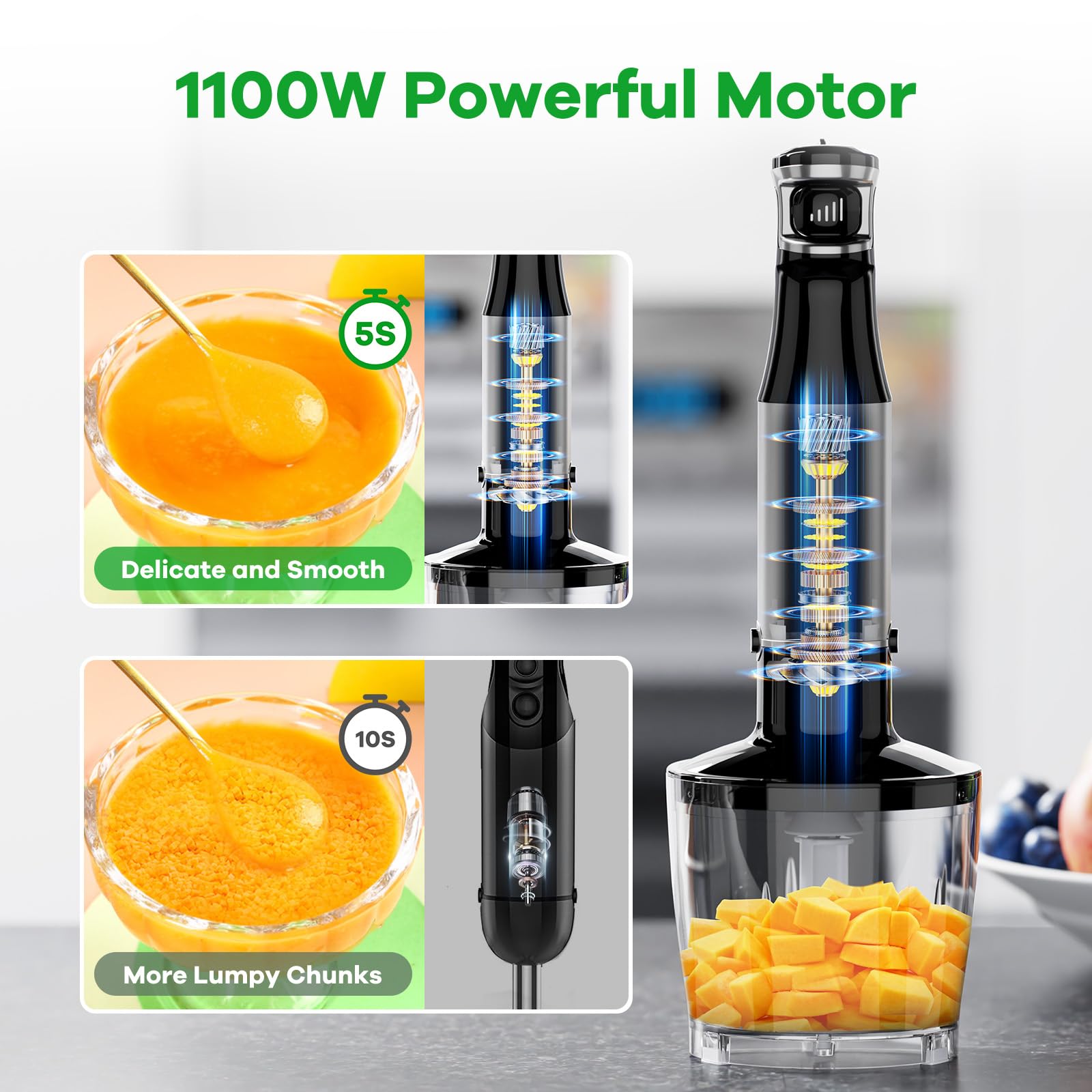 Immersion Blender Handheld Corded Hand Blenders Set 1100W, Trigger Variable Speed 5 in 1 Stick Emulsifier with Chopper, Whisk and Frother for Soup, Baby Food and Smoothies 🍁 All In One Marketplace Canada