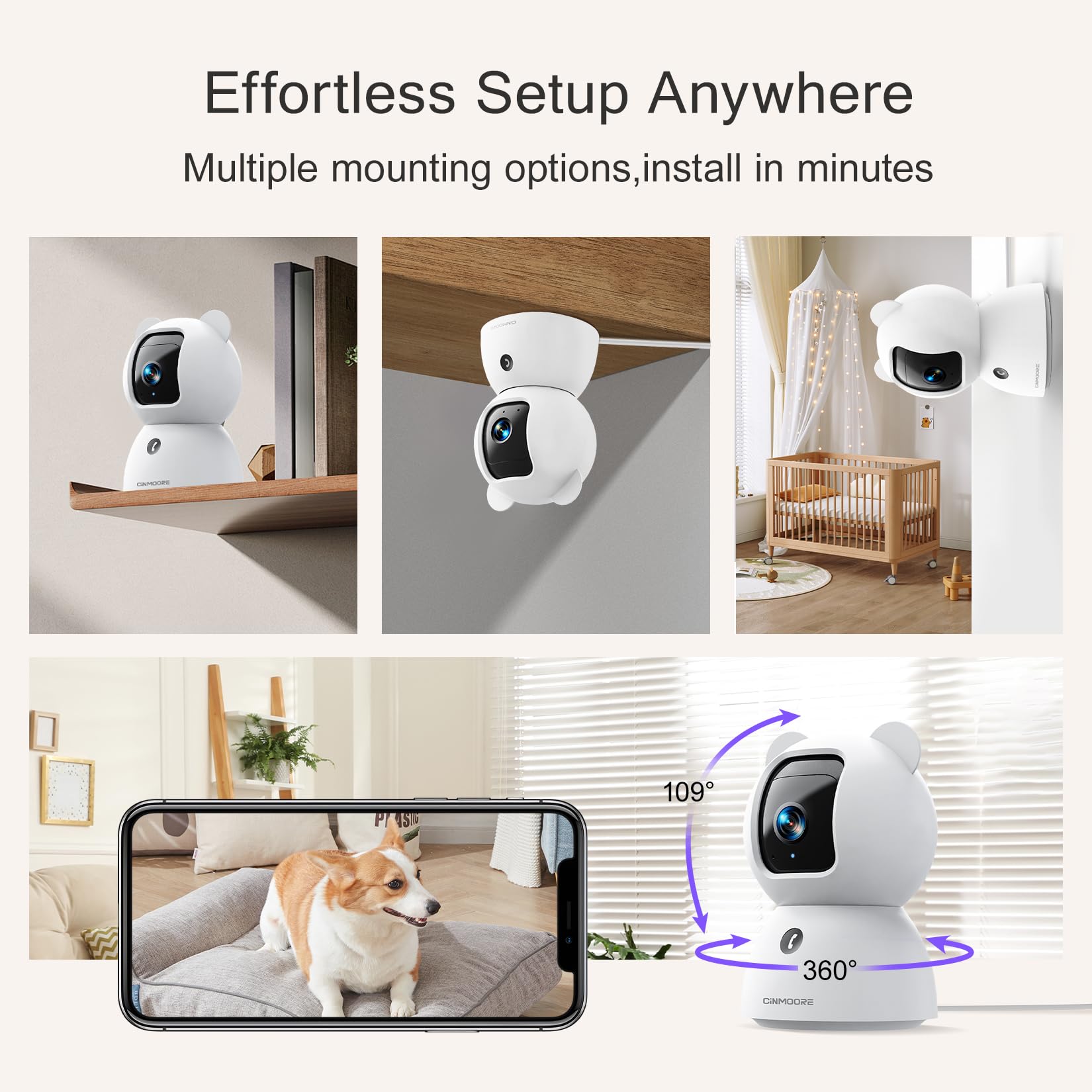 CINMOORE 2.5K Camera Surveillance Interieur, Indoor Security Cam, Free AI Pet/Person/Cry Detection, 4MP Pet Camera with Phone App Pan Tilt 2.4GHz WiFi, Night Vision, Full Duplex Audio 🍁 All In One Marketplace Canada