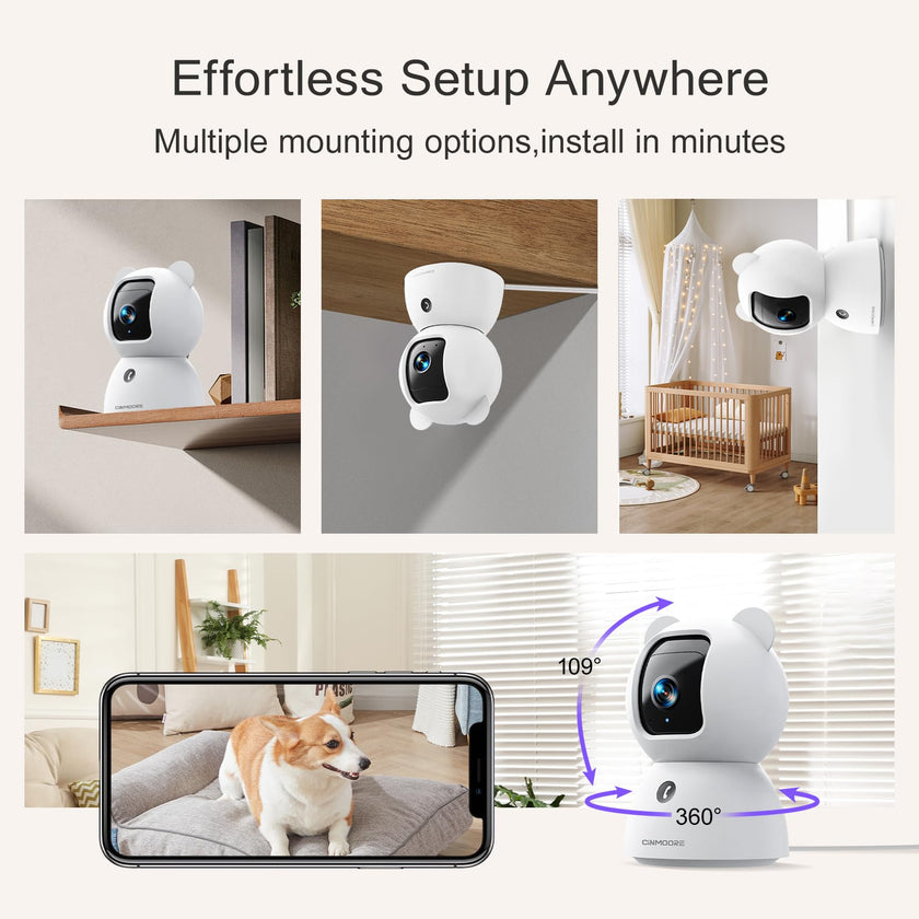CINMOORE 2.5K Camera Surveillance Interieur, Indoor Security Cam, Free AI Pet/Person/Cry Detection, 4MP Pet Camera with Phone App Pan Tilt 2.4GHz WiFi, Night Vision, Full Duplex Audio 🍁 All In One Marketplace Canada