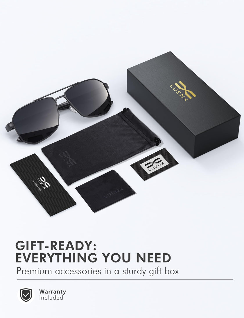 LUENX Aviator Sunglasses for Men Square Polarized Polygon Black Lens Matte Black Frame - UV 400 Protection with Accessories Driving 🍁 All In One Marketplace Canada