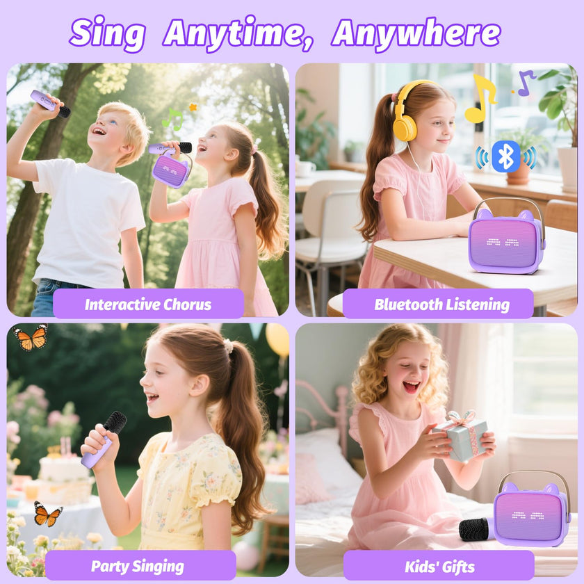 Mini Karaoke Machine Toys Gifts, Kids Portable Bluetooth Speaker with 2 Wireless Microphone and LED, Christmas Birthday Gift Idea for Girls Boys 3-12 + Year Old, Noisemaker Toys for Party (Purple) 🍁 All In One Marketplace Canada