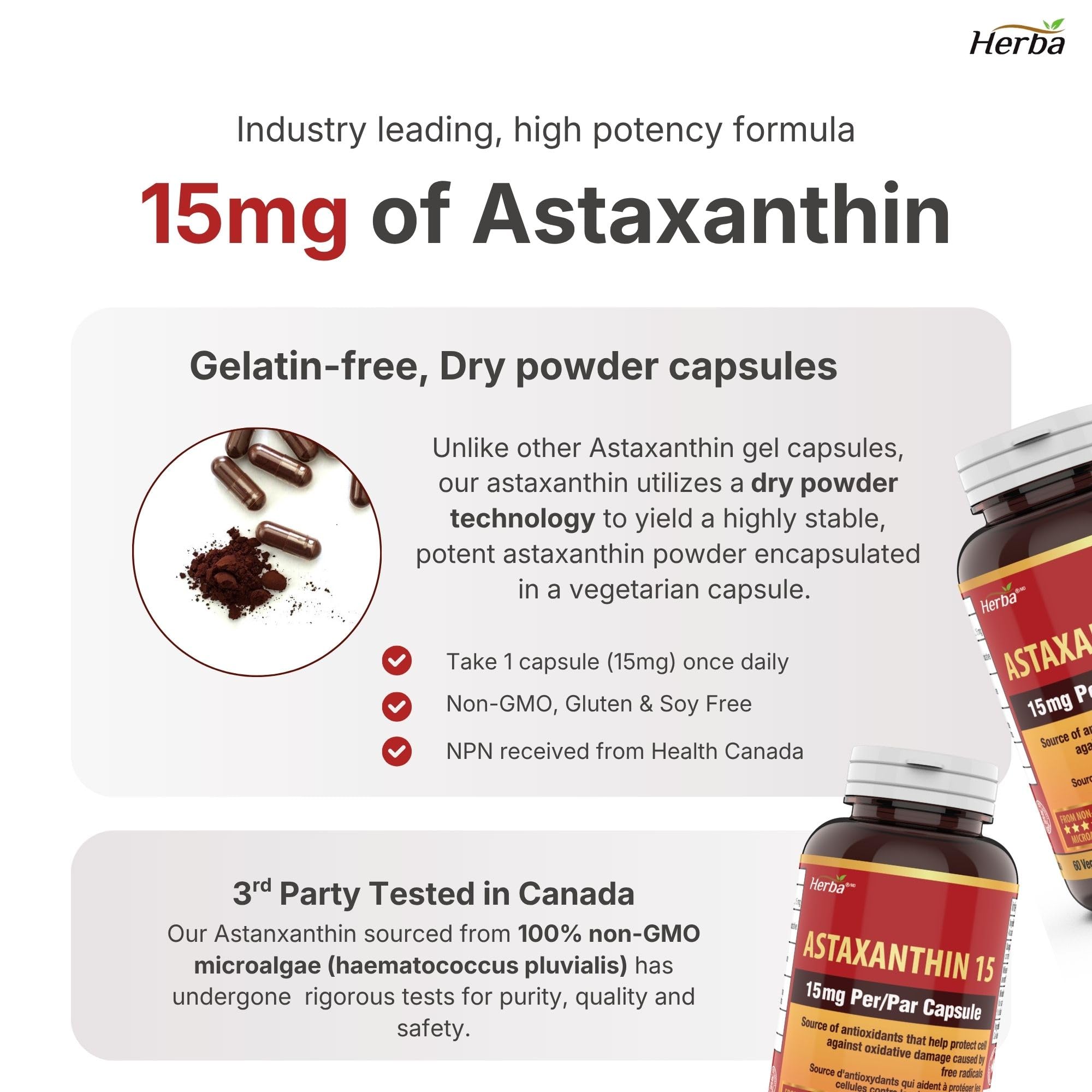 Herba Astaxanthin Supplement 15mg – 60 Vegan Capsules | Made with Non-GMO Micro-algae | Source of Antioxidant | Made and Third Party Tested in Canada 🍁 All In One Marketplace Canada