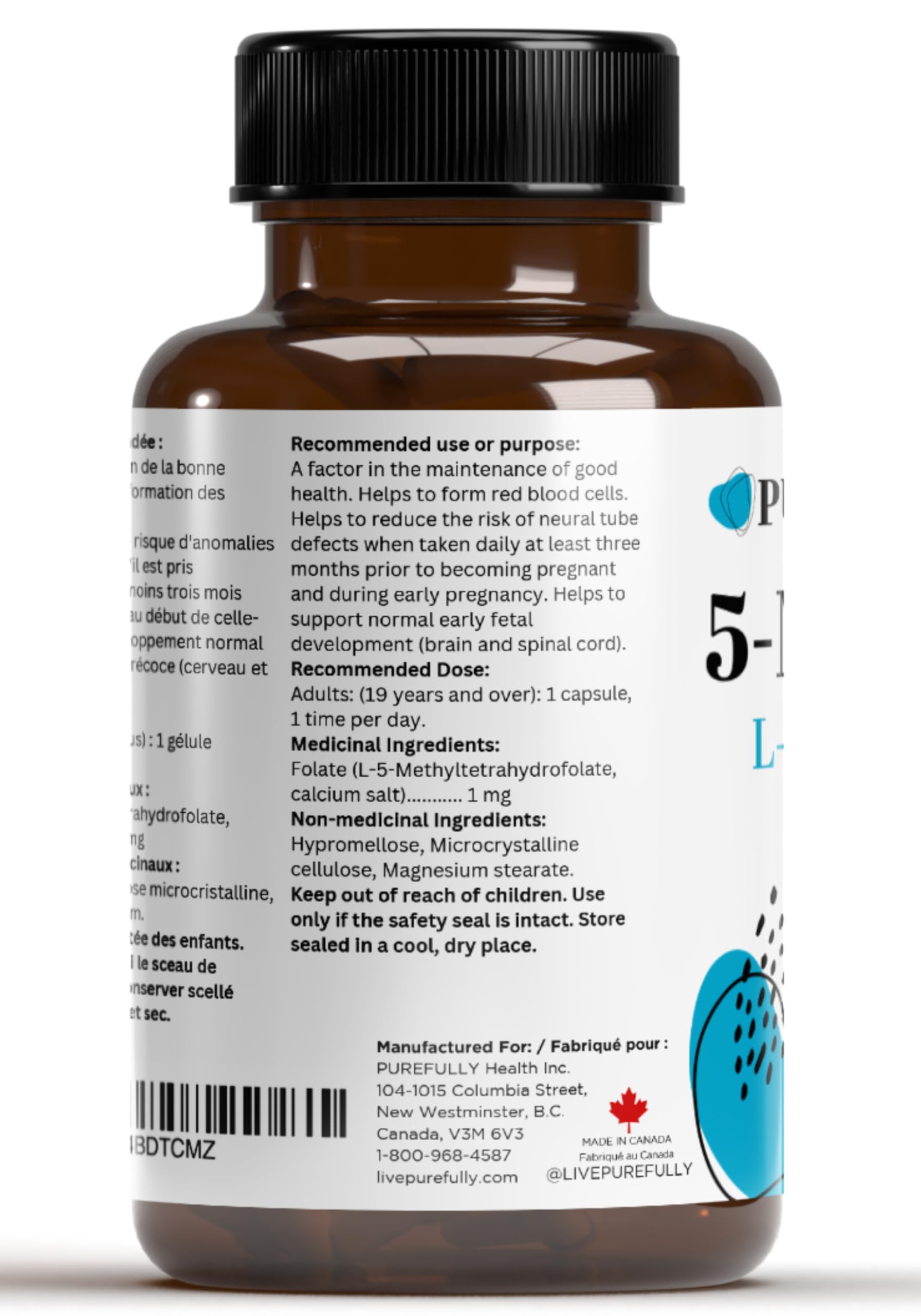 PUREFULLY 5-MTHF 1000mcg, 90 Capsules - L Methylfolate (Active Form of Vitamin B9 Folate) Supplement - Supports Cardiovascular Health and Early Fetal Development 🍁 All In One Marketplace Canada