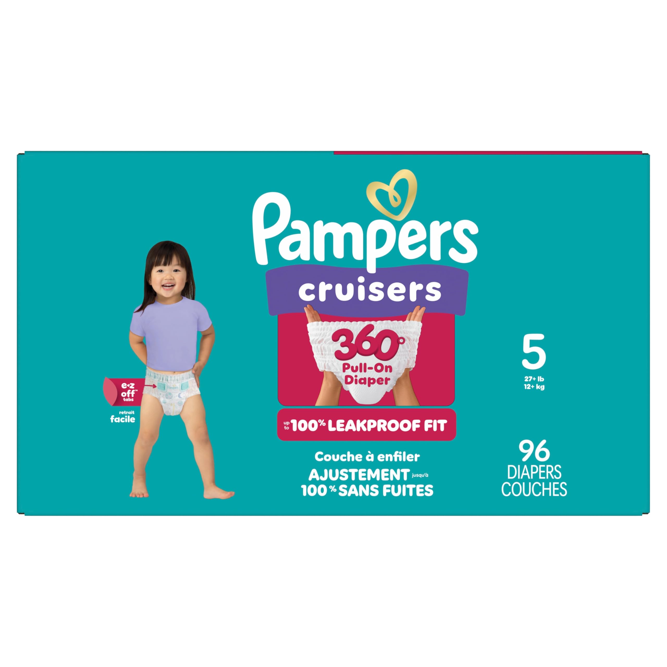 Pampers Diapers - Cruisers 360° - Size 5, up to 100% Leakproof Fit, Designed for Active Babies, Pull On Diaper, EZ Off Tabs Designed for Easy Changes, 1 Pack (Count of 96) 🍁 All In One Marketplace Canada