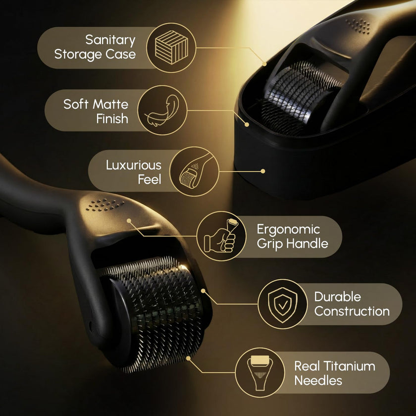 Derma Microneedling Roller - 1.5mm Titanium Needles - Designed in Canada - for Men and Women - Storage Case Included (Matte Black) 🍁 All In One Marketplace Canada
