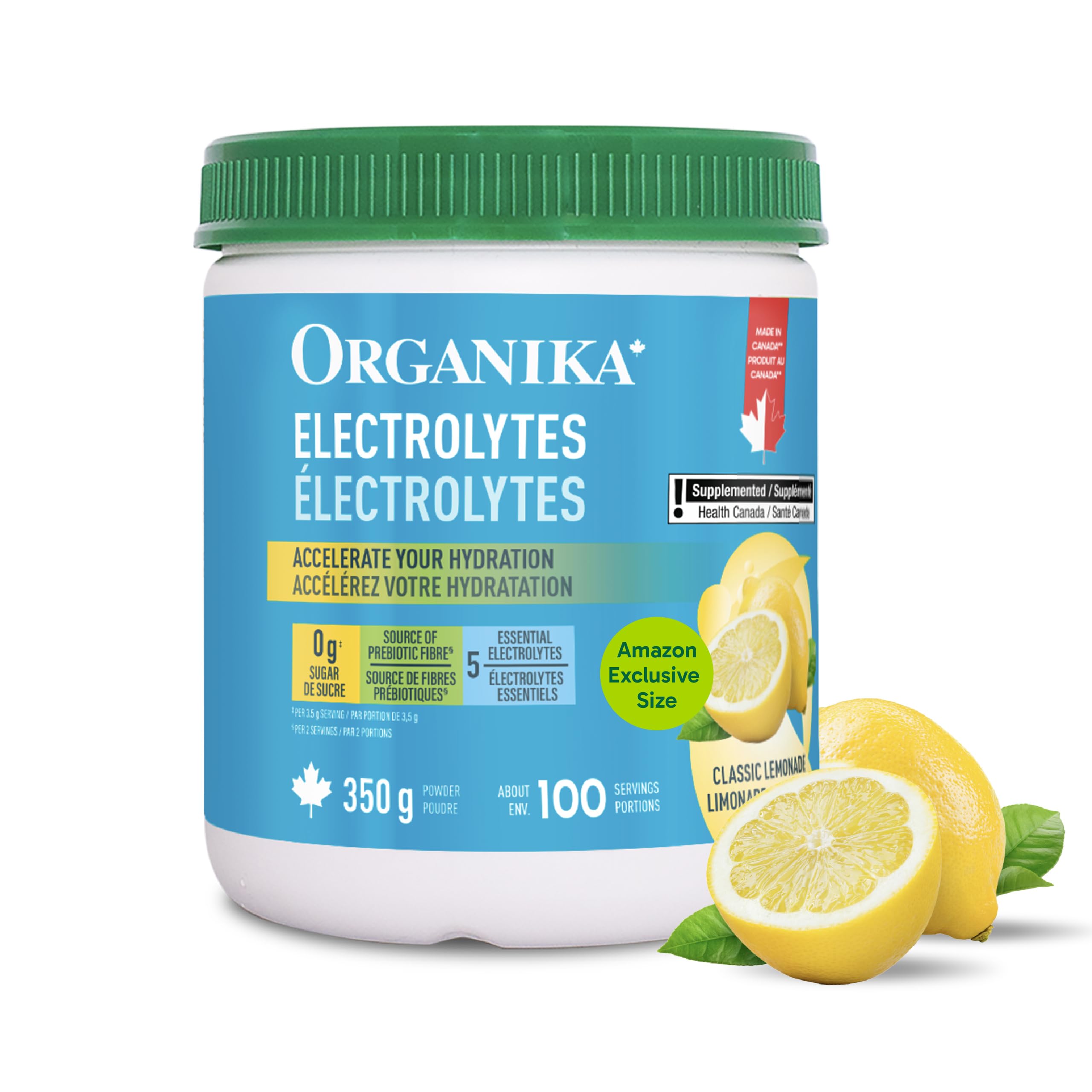Organika Canadian-Made Electrolytes Powder with Vitamin C & Prebiotic Fibre - Sugar-Free Hydration Drink Mix - Classic Lemonade - 350 g - 100 servings 🍁 All In One Marketplace Canada