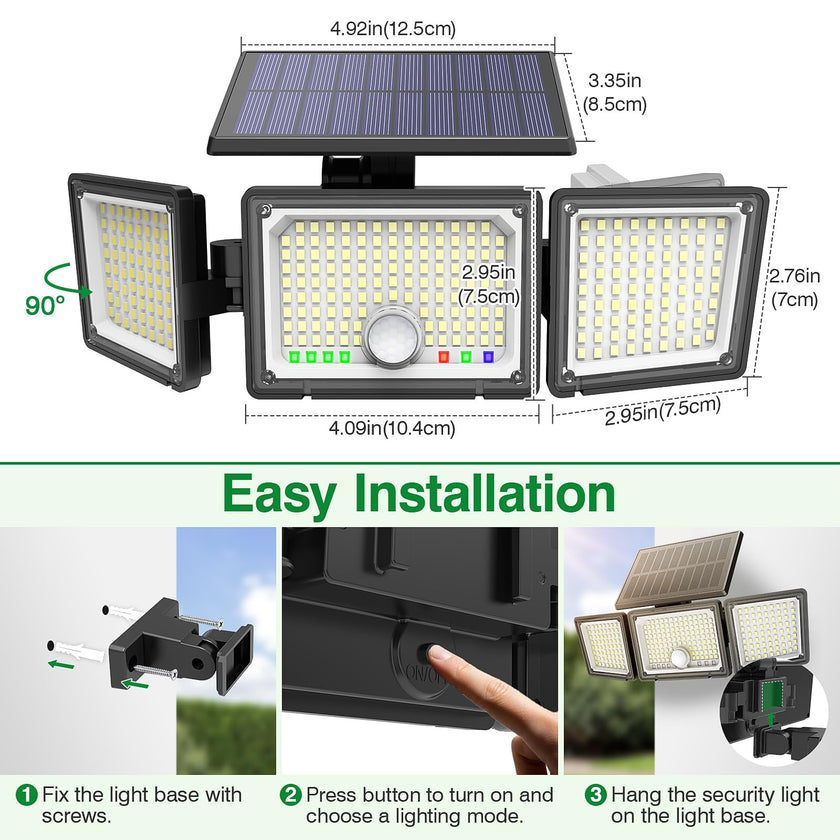 Solar Motion Sensor Light Outdoor, 2500LM 286 LED Solar Outdoor Lights with Power Display & Mode Indicators - 6500K Adjustable 3-Head Flood Light, IP65 Waterproof for Garden, Garage, Yard - 2 Pack 🍁 All In One Marketplace Canada