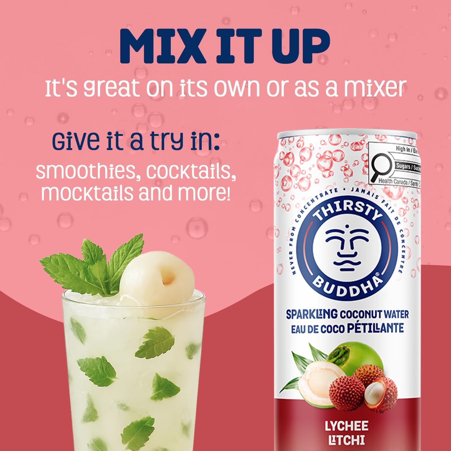 THIRSTY BUDDHA Sparkling Coconut Water with Lychee, No Added Sugar, Pure Coco Drink, Natural Fruit Flavour, Electrolyte & Nutrient-Rich, 12 Pack, (12/330ml) 🍁 All In One Marketplace Canada