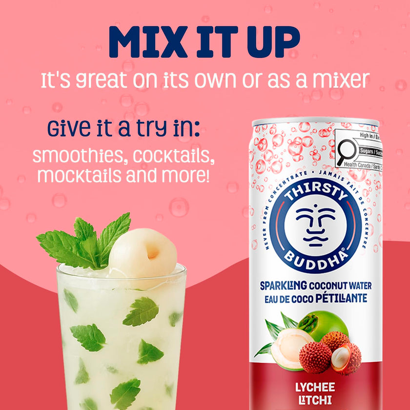 THIRSTY BUDDHA Sparkling Coconut Water with Lychee, No Added Sugar, Pure Coco Drink, Natural Fruit Flavour, Electrolyte & Nutrient-Rich, 12 Pack, (12/330ml) 🍁 All In One Marketplace Canada