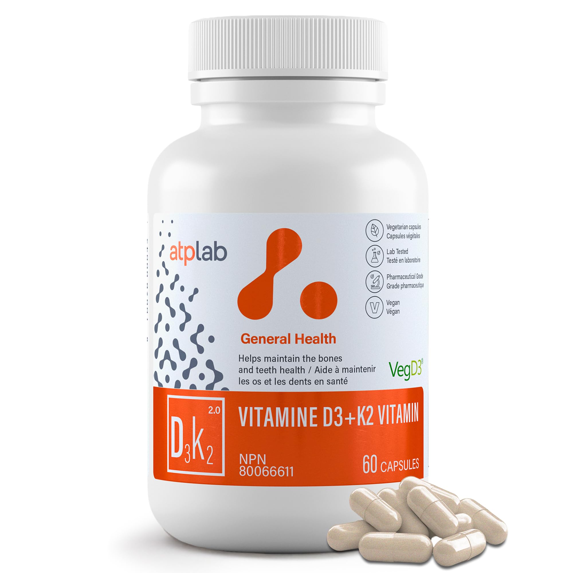 ATP LAB Vitamin D3K2 Supplement - 60 Vegetarian Capsules - 60 Day Supply - Plant-Based K2 MK-7 60 mcg & D3 1000 IU - Supports Bone & Teeth Health 🍁 All In One Marketplace Canada