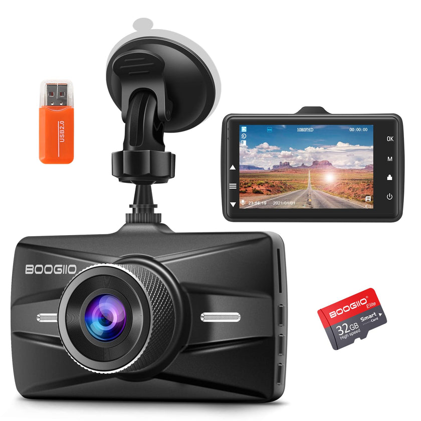 Dash Cam Front with 32G SD Card, BOOGIIO 1080P FHD Car Driving Recorder 3'' IPS Screen 170°Wide Angle Dashboard Camera Aluminum Alloy Case, WDR G-Sensor Parking Monitor Loop Recording Motion Detection 🍁 All In One Marketplace Canada