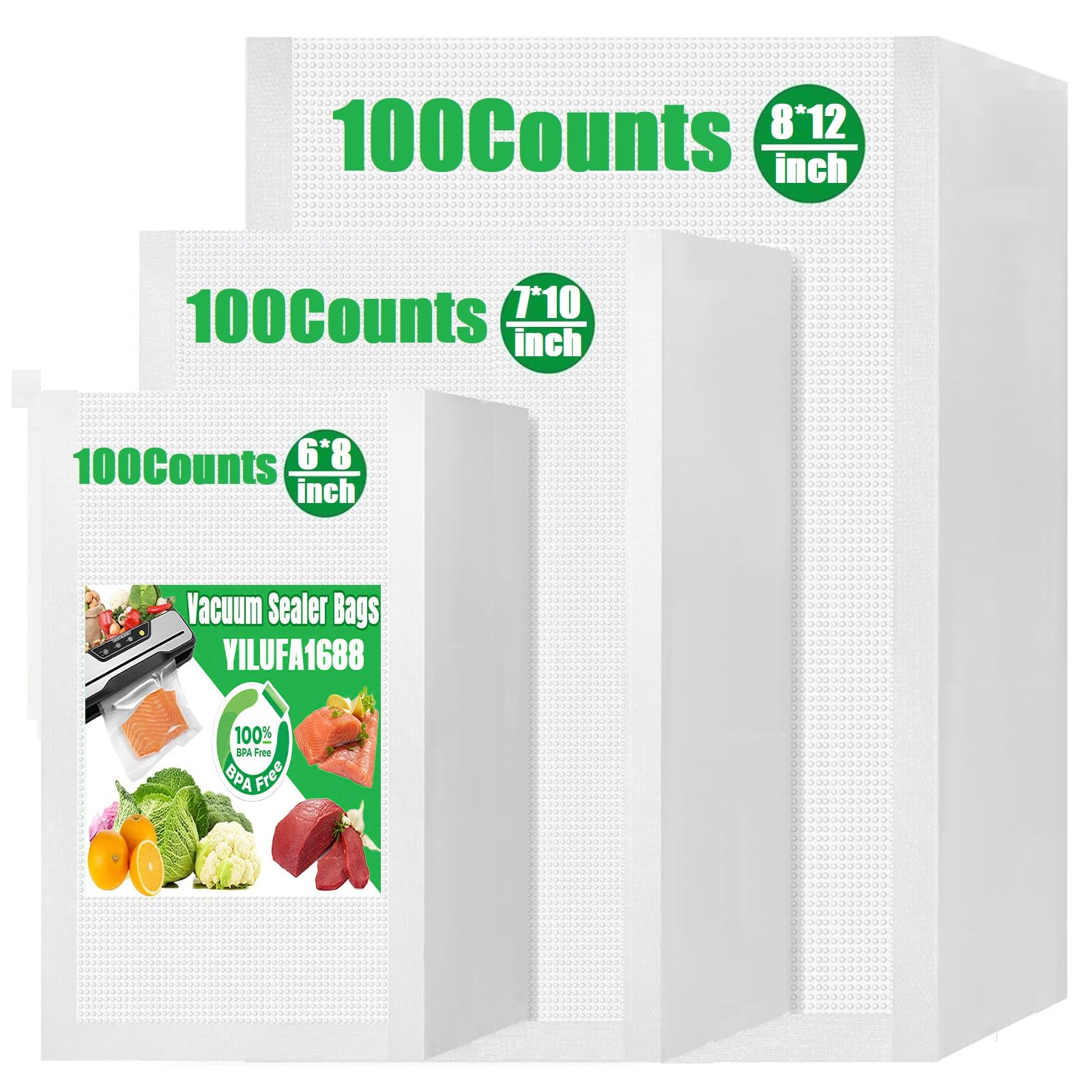 YILUFA1688 Vacuum Sealer Bags 300 Count, Pre-Cut Mixed Sizes (8