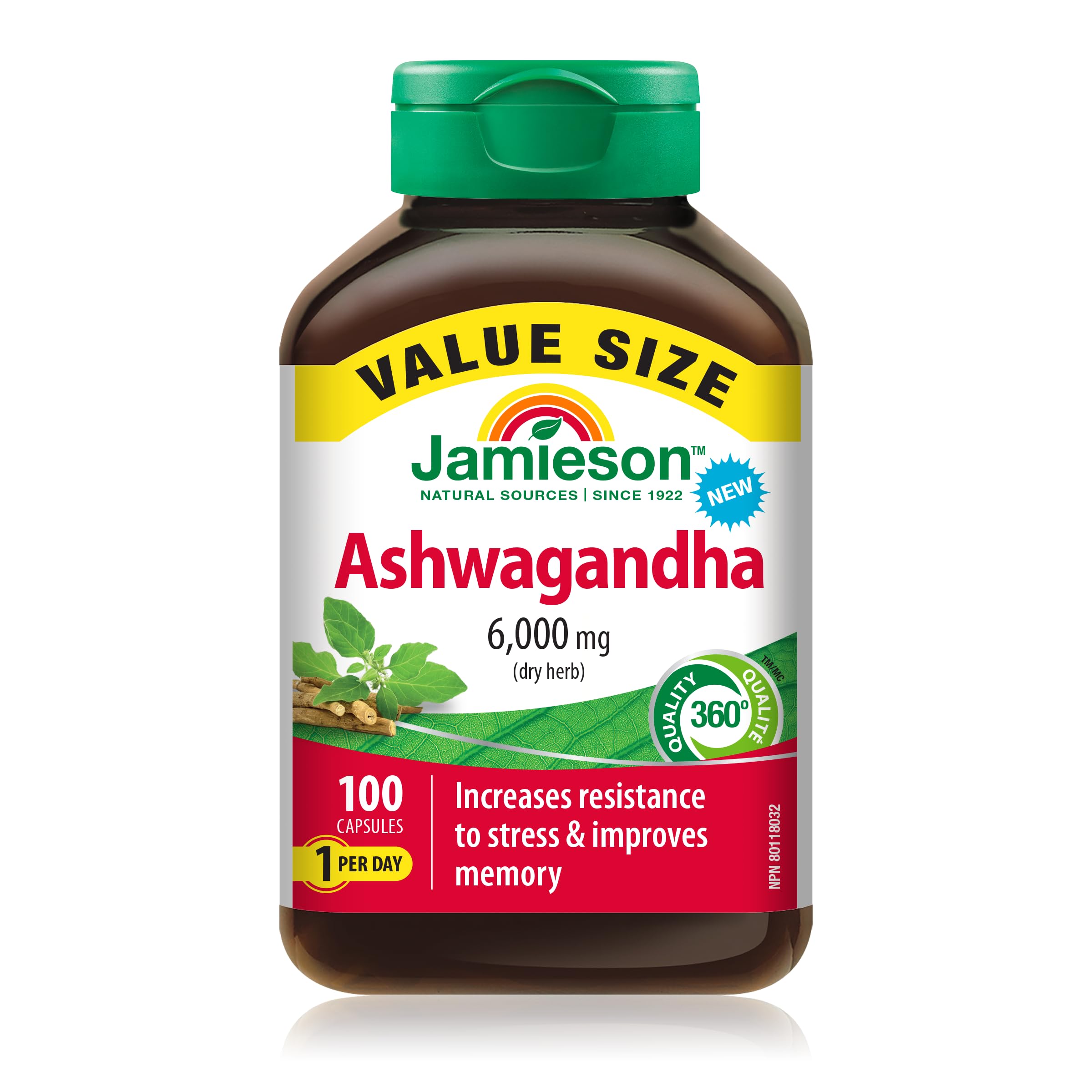Jamieson High-Potency Ashwagandha 6,000 mg, Increases Resistance to Stress, Adaptogen, and Enhances Memory. Non-GMO, Vegetarian, Gluten-Free, Only One Per Day, Value Size, 100 Capsules 🍁 All In One Marketplace Canada