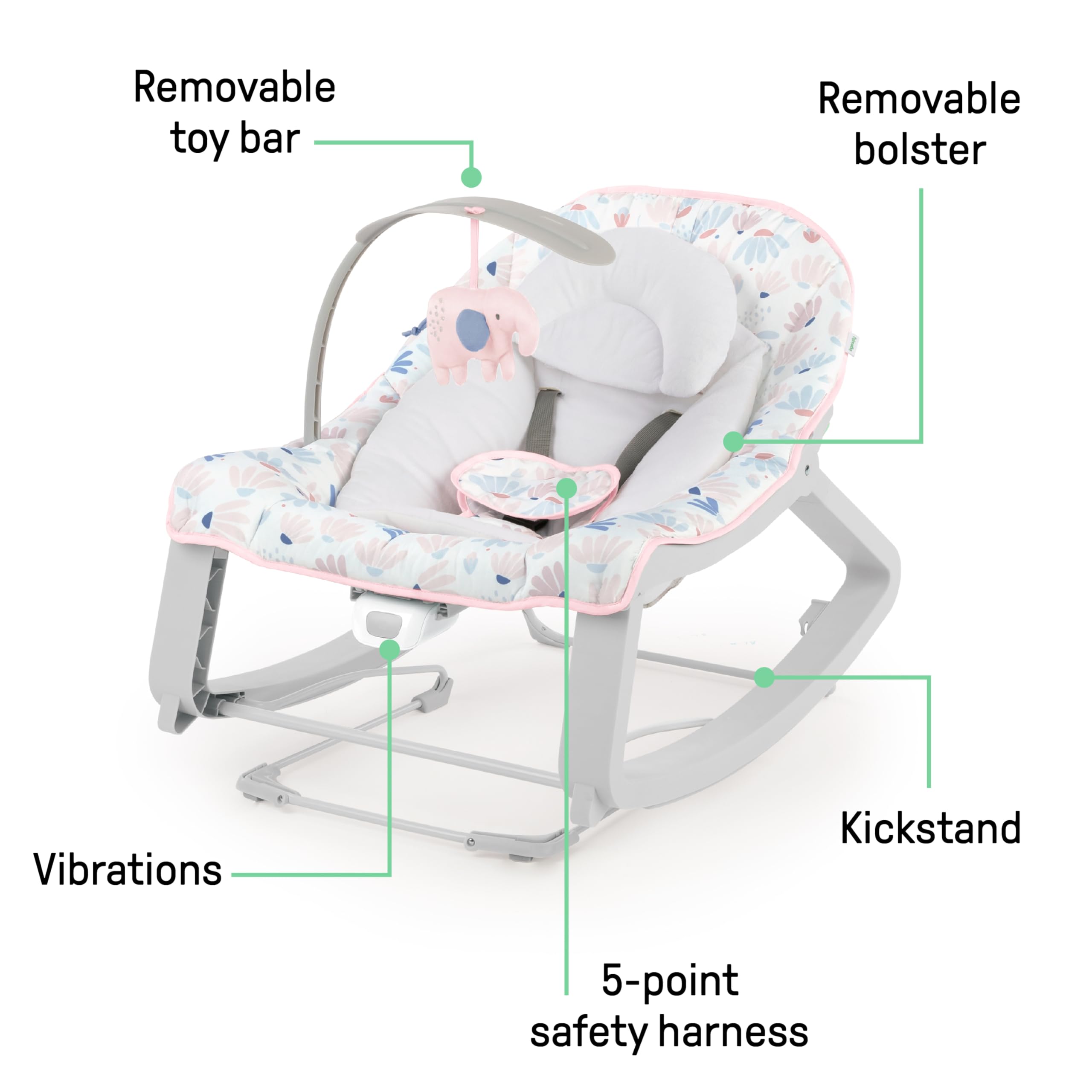 Ingenuity Keep Cozy 3-in-1 Grow with Me Vibrating Baby Bouncer Seat & Infant to Toddler Rocker, Vibrations & Toy Bar, 0-30 Months Up to 40 lbs (Pink Burst) 🍁 All In One Marketplace Canada
