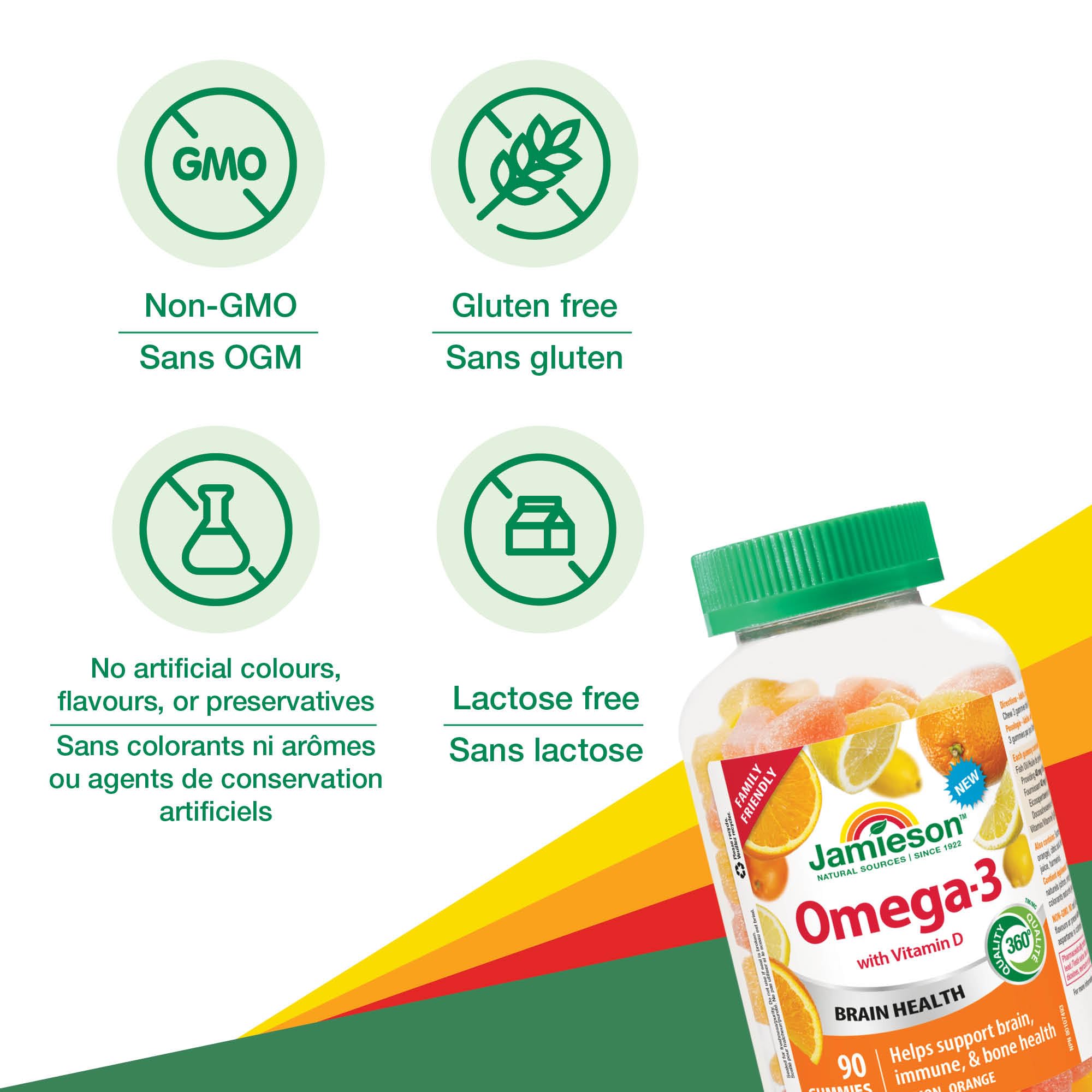 Jamieson Omega-3 Gummy with Vitamin D3, 90 Gummies, Orange and Lemon Flavours, Family Friendly (3+). Supports Brain Health and Immune Health, Non-GMO No Artificial Colours, Flavours, or Preservatives 🍁 All In One Marketplace Canada
