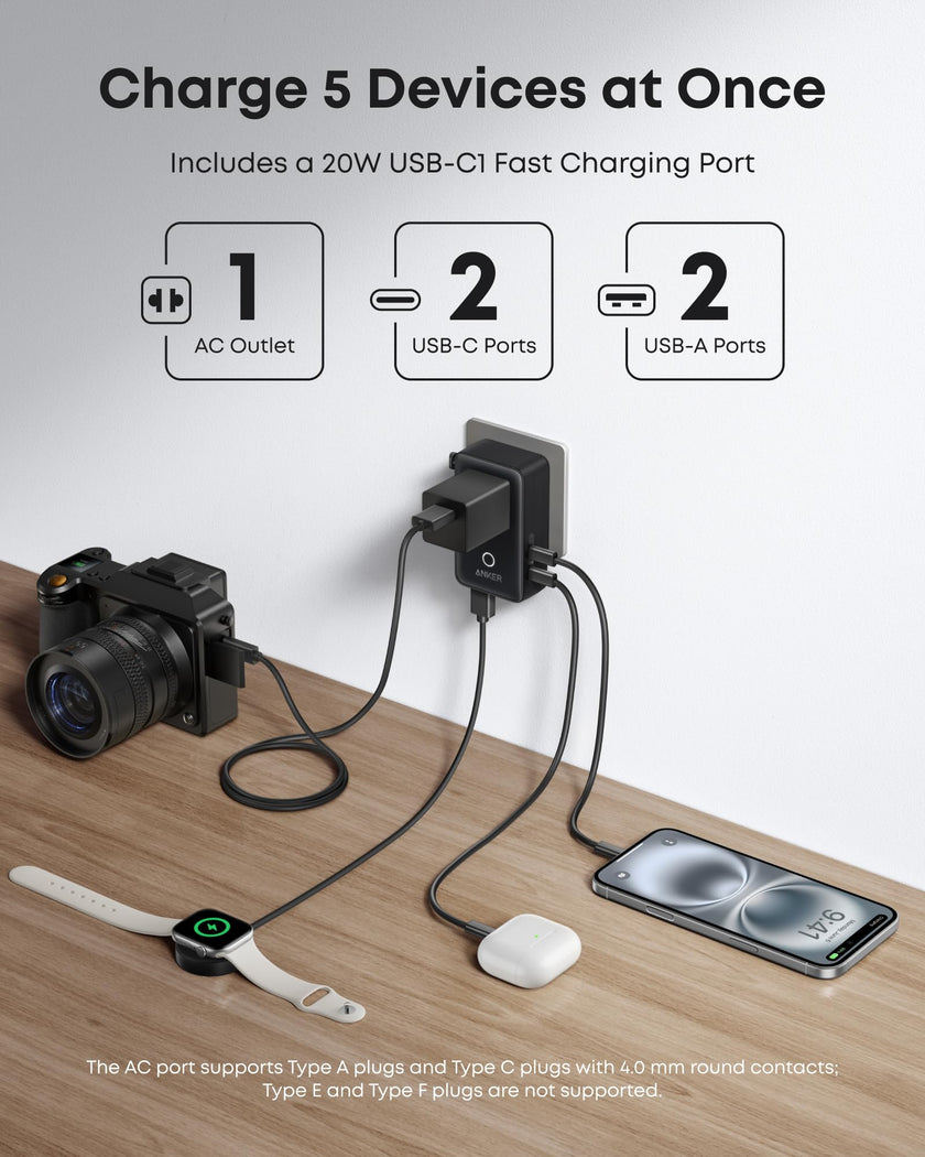 Anker Nano European Travel Plug Adapter, 5-Port Fordable Travel Adapter with 1AC 2USB-A 2USB-C Ports,Temperature Control, Essentials for Over 200 Countries, Ideal for Travel (1-Pack) (Black) 🍁 All In One Marketplace Canada