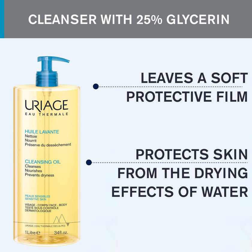 Uriage Cleansing Soothing Oil - Face & Body Daily Cleanser & Shower Oil With Glycerin & Ceramides - Whole Family Format, Babies, Children & Adults - Sensitive Skin - Soap-Free, Fragrance-Free - 1L 🍁 All In One Marketplace Canada