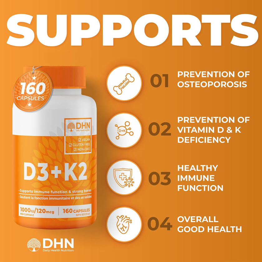 VITAMIN D3 K2 (MK-7) VEGAN | HIGH POTENCY•VALUE SIZE | Supports Prevention of Osteoporosis & Heart Calcification | Immune, Bone & Heart Health Supplement | Canadian Made Vitamin D3 Vitamin K2 🍁 All In One Marketplace Canada