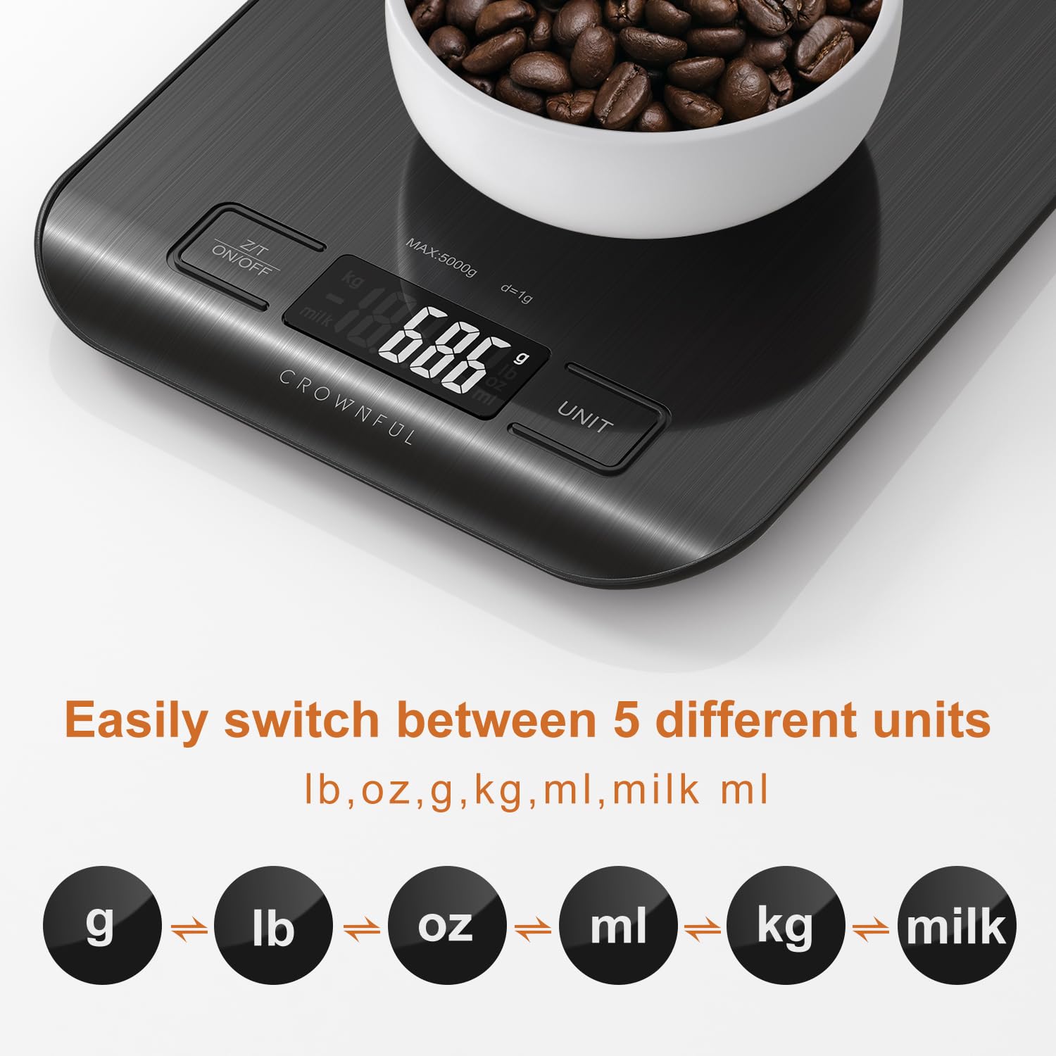 CROWNFUL Food Scale, 5kg/11lb Digital Kitchen Scales Weight Ounces and Grams for Cooking and Baking, 6 Units with Tare Function, Black (Battery Included) 🍁 All In One Marketplace Canada