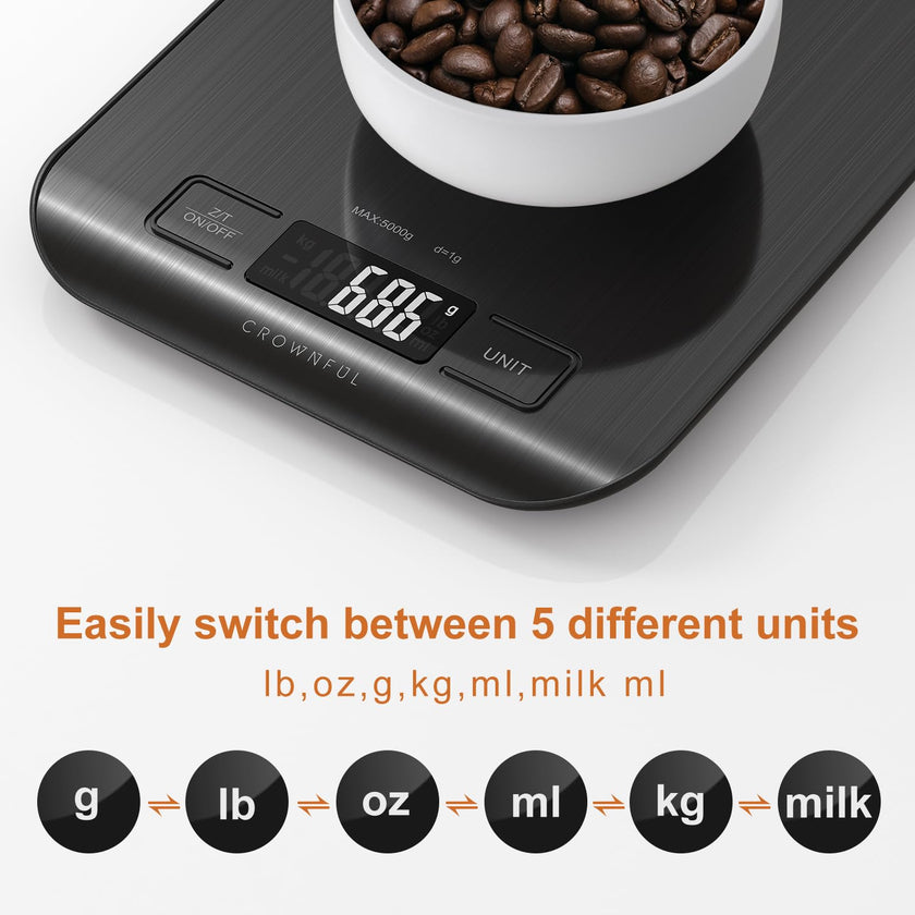 CROWNFUL Food Scale, 5kg/11lb Digital Kitchen Scales Weight Ounces and Grams for Cooking and Baking, 6 Units with Tare Function, Black (Battery Included) 🍁 All In One Marketplace Canada