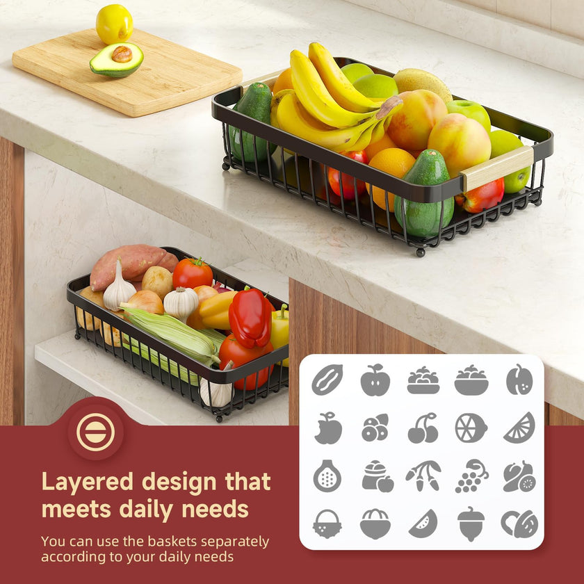 2 Tier Large Fruit Bowl for Kitchen Counter with 2 Banana Holders,2026 Sturdy Metal Fruit Basket with Protective Mats Keeping Fruits Fresh,Kitchen Organizers and Storage for Bread Potato Onion Storage 🍁 All In One Marketplace Canada
