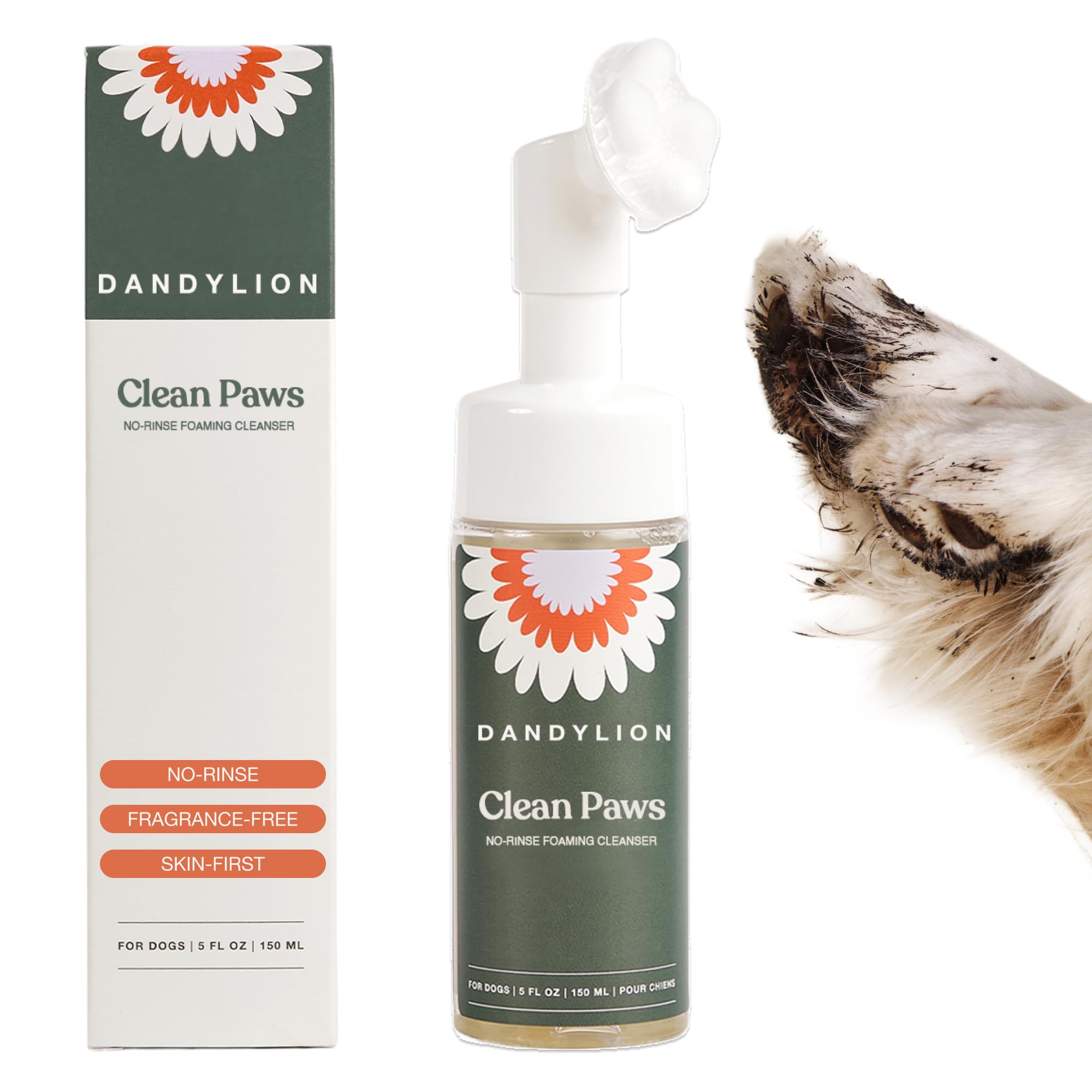 Dandylion Dog Paw Cleaner, Clean Paws, Dog Paw Washer, No Rinse Foam Cleaner for Dogs, Fragrance Free pH Balanced Foaming Washer with Silicone Brush, Pet Cleaning Supplies, 5 fl oz 🍁 All In One Marketplace Canada