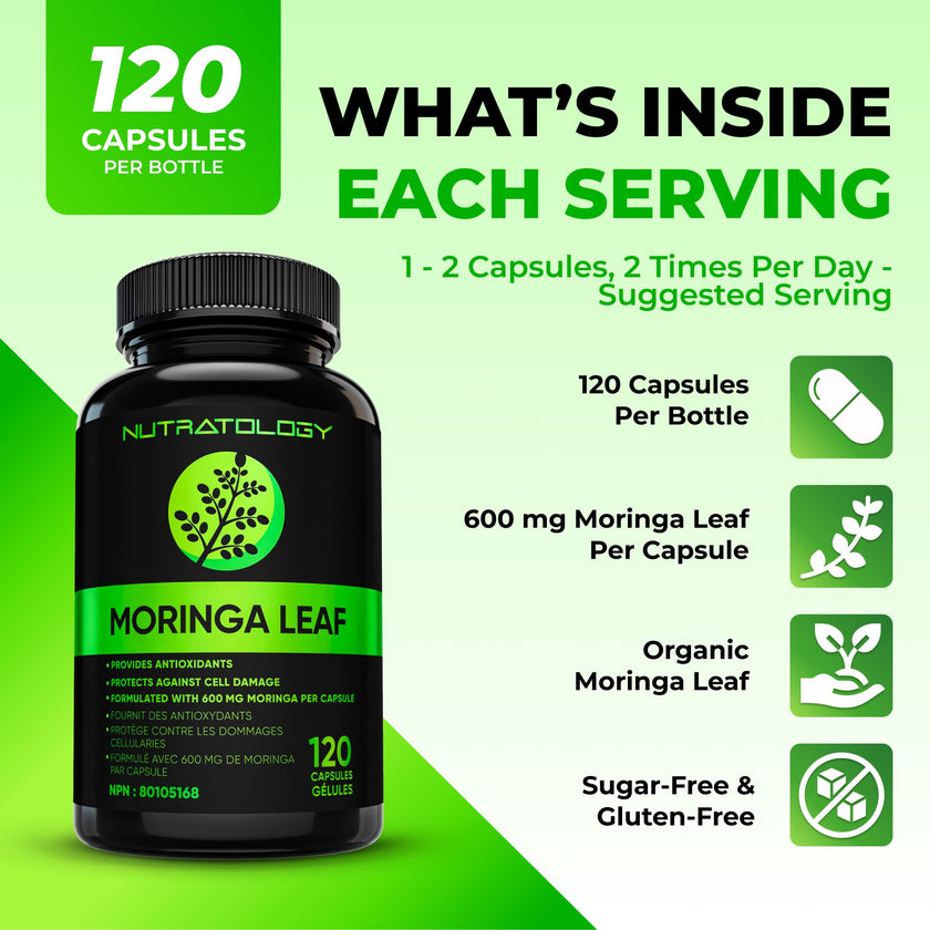 Nutratology® Organic Moringa Leaf Capsules | 1200MG Per Serving | Canadian-Made | Provides Powerful Antioxidants - Protects Against Cell Damage, Supports Liver Detox & Gut Health - 120 Caps 🍁 All In One Marketplace Canada