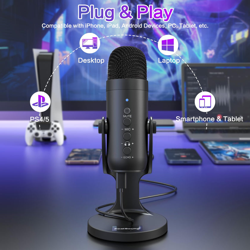 ZealSound Podcast Microphone for PC, Noise Cancellation USB Mic with Gain, Volume Adjustment & Mute Button, Monitoring & Echo, for YouTube, TikTok, Podcasting, Streaming, iPhone, iPad, Android, Mac 🍁 All In One Marketplace Canada