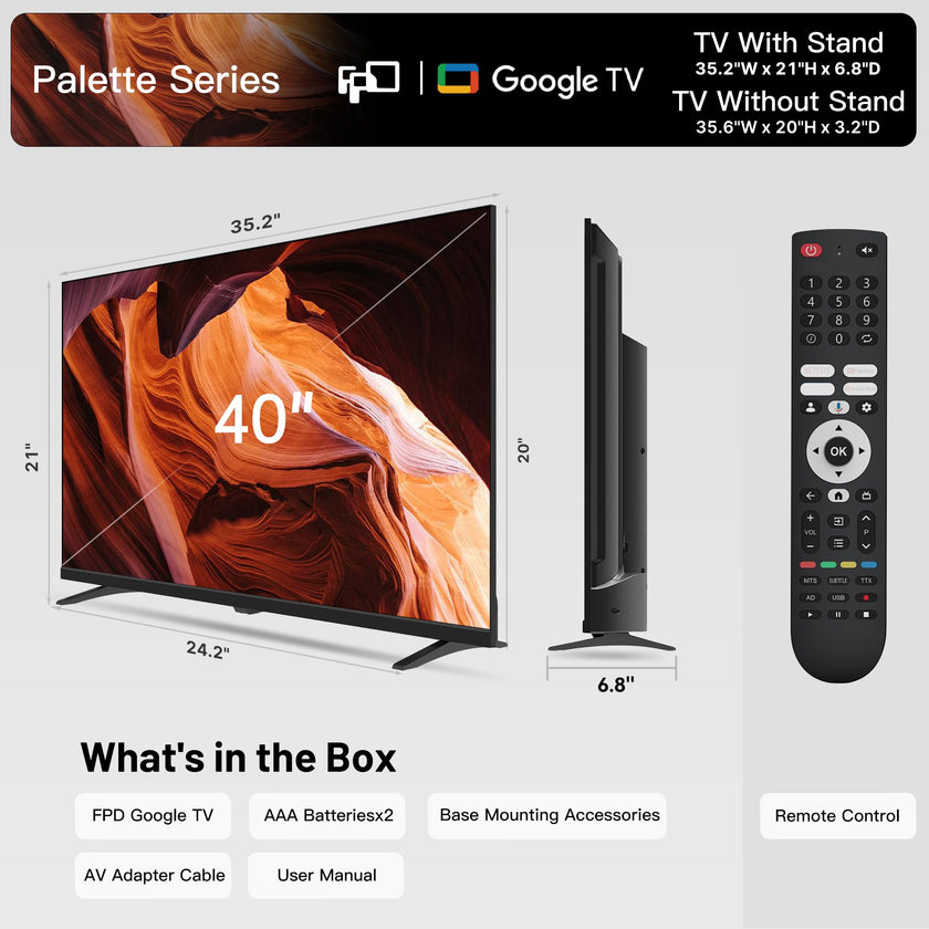 FPD 40-inch Smart TV, 1080p Full HD Google TV with Google Play Built-in Google Cast, HDR 10, Dolby Audio, Voice Remote, Stream Live Television (Palette-Series, CG40-P3) 🍁 All In One Marketplace Canada