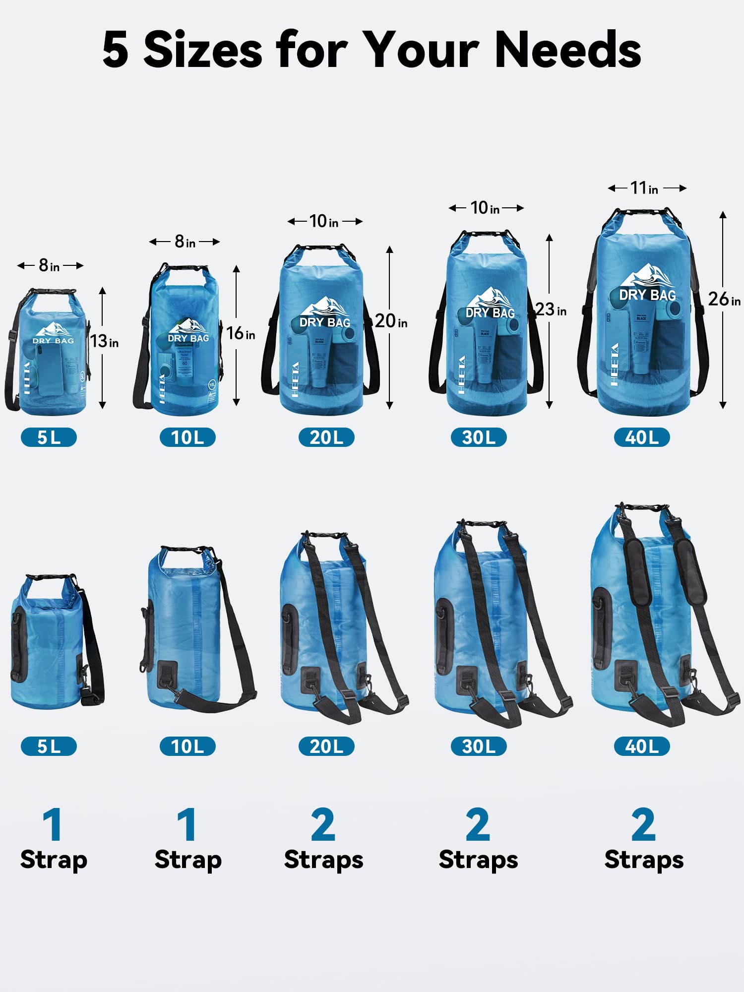 HEETA Dry Bag Waterproof for Women Men, Roll Top Lightweight Dry Storage Bag Backpack with Phone Case for Travel Swimming Boating Kayaking Paddle Board Camping Beach Accessories (Transparent Blue, 5L) 🍁 All In One Marketplace Canada