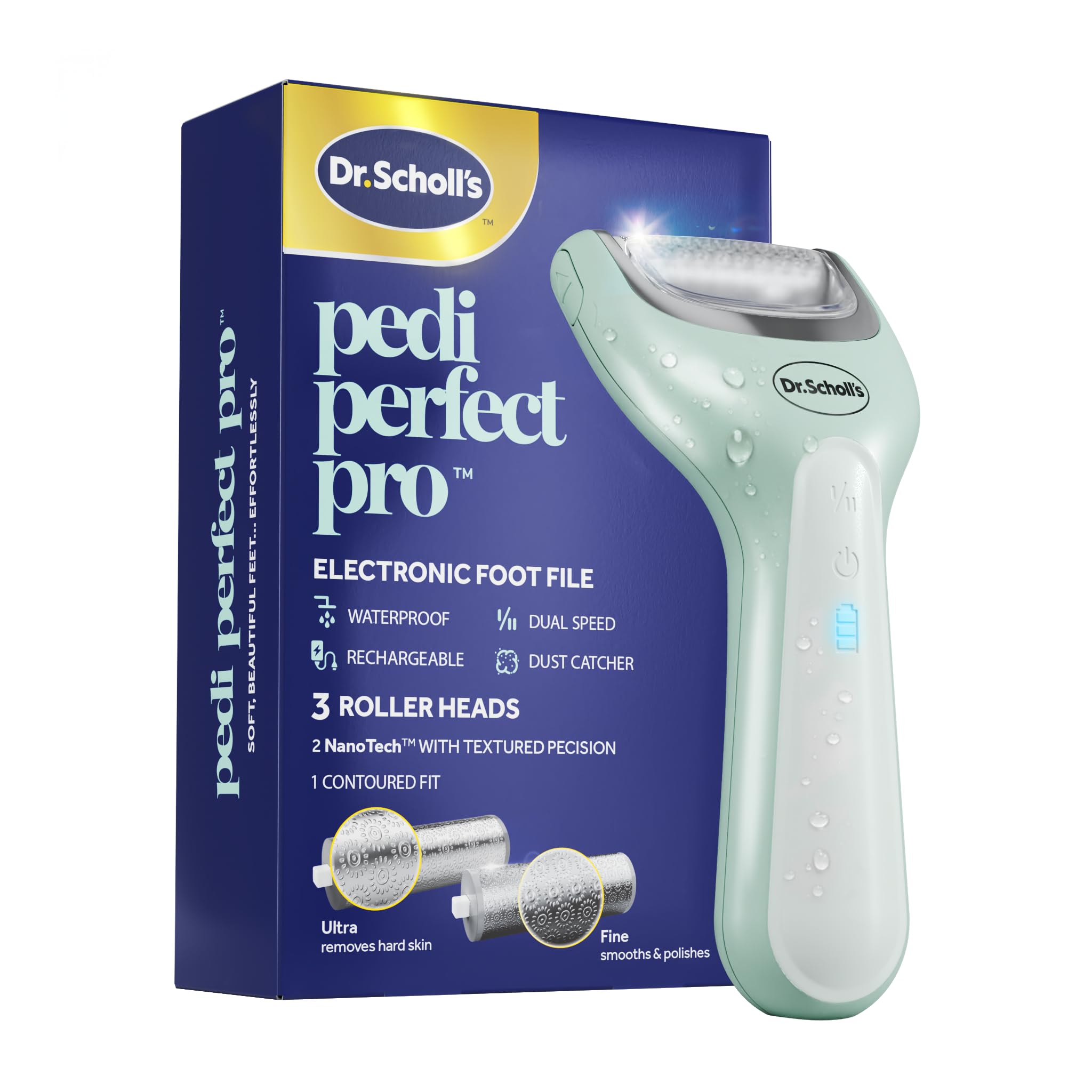 Dr. Scholl's Pedi Perfect Pro Electric Foot Callus Remover, Waterproof, Rechargeable with x3 Roller Heads, Removes Hard Skin for Soft Beautiful Feet, 90 Minute Run Time, Dust Catcher, Pedicure Tools 🍁 All In One Marketplace Canada
