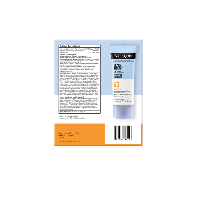 Neutrogena Ultra Sheer Dry-Touch Sunscreen Lotion, Broad Spectrum SPF 60 UVA/UVB Protection, Oxybenzone-Free, Light, Water Resistant, Non-Comedogenic & Non-Greasy, 88 mL (Twin Pack) 🍁 All In One Marketplace Canada