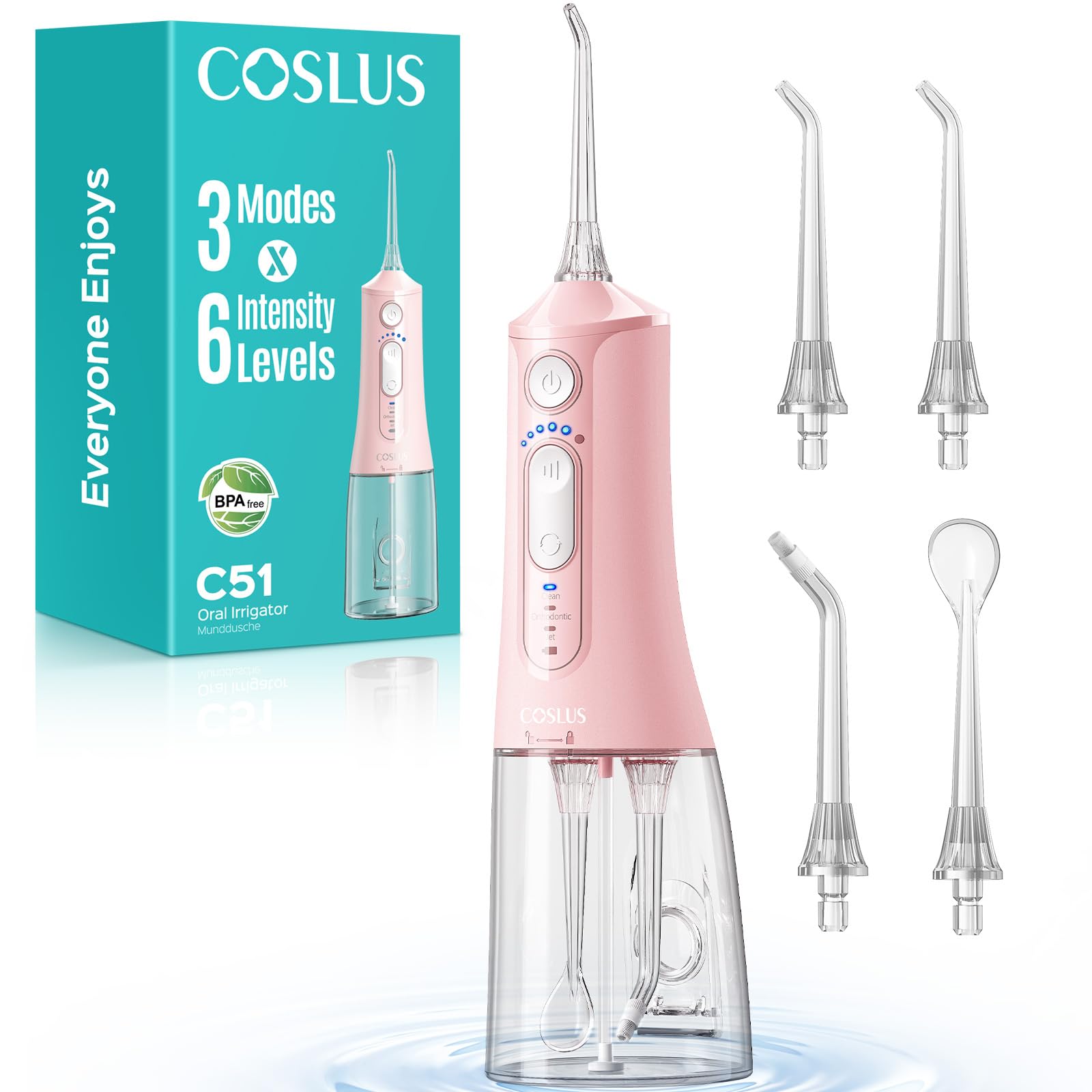 COSLUS C51 Portable Water Teeth Flosser: 3 Modes & 6 Pressure Settings for Whole Family Various Cleaning Need, Jet Mode for Beginner-Friendly, Compact for Travel, 300ml Tank, IPX7 Waterproof, Pink 🍁 All In One Marketplace Canada