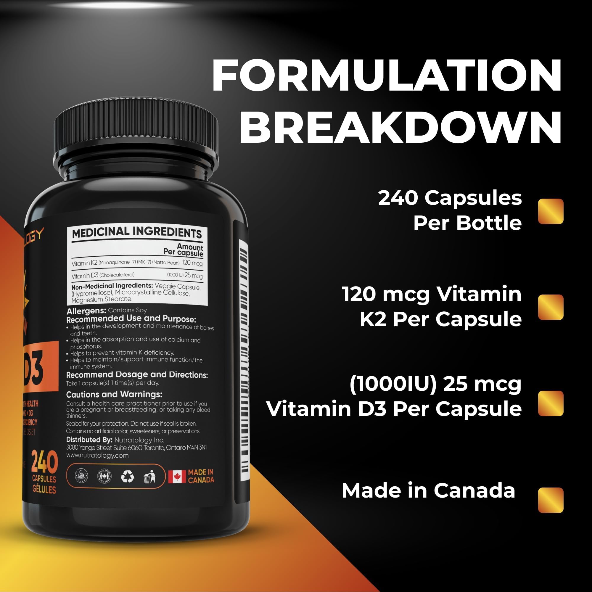 Nutratology® Vitamin K2 + D3 | Canadian-Made | Highest Potency 120MCG/1000 IU - 240 Capsules - Helps Maintain Bone & Teeth Health - Formulated With MK-7 For Best Results - Immune System Support. 🍁 All In One Marketplace Canada