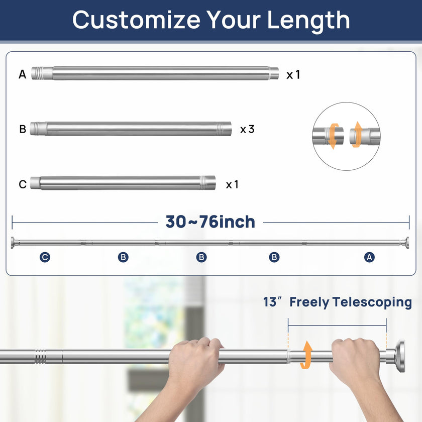 Shower Curtain Rod 30 to 76 Inches, 1 Inch Adjustable Spring Tension Stainless Steel Shower Rod No Drill for Bathroom, Closet, Window, Room Divider, Never Rust, Non Slip, Chrome 🍁 All In One Marketplace Canada