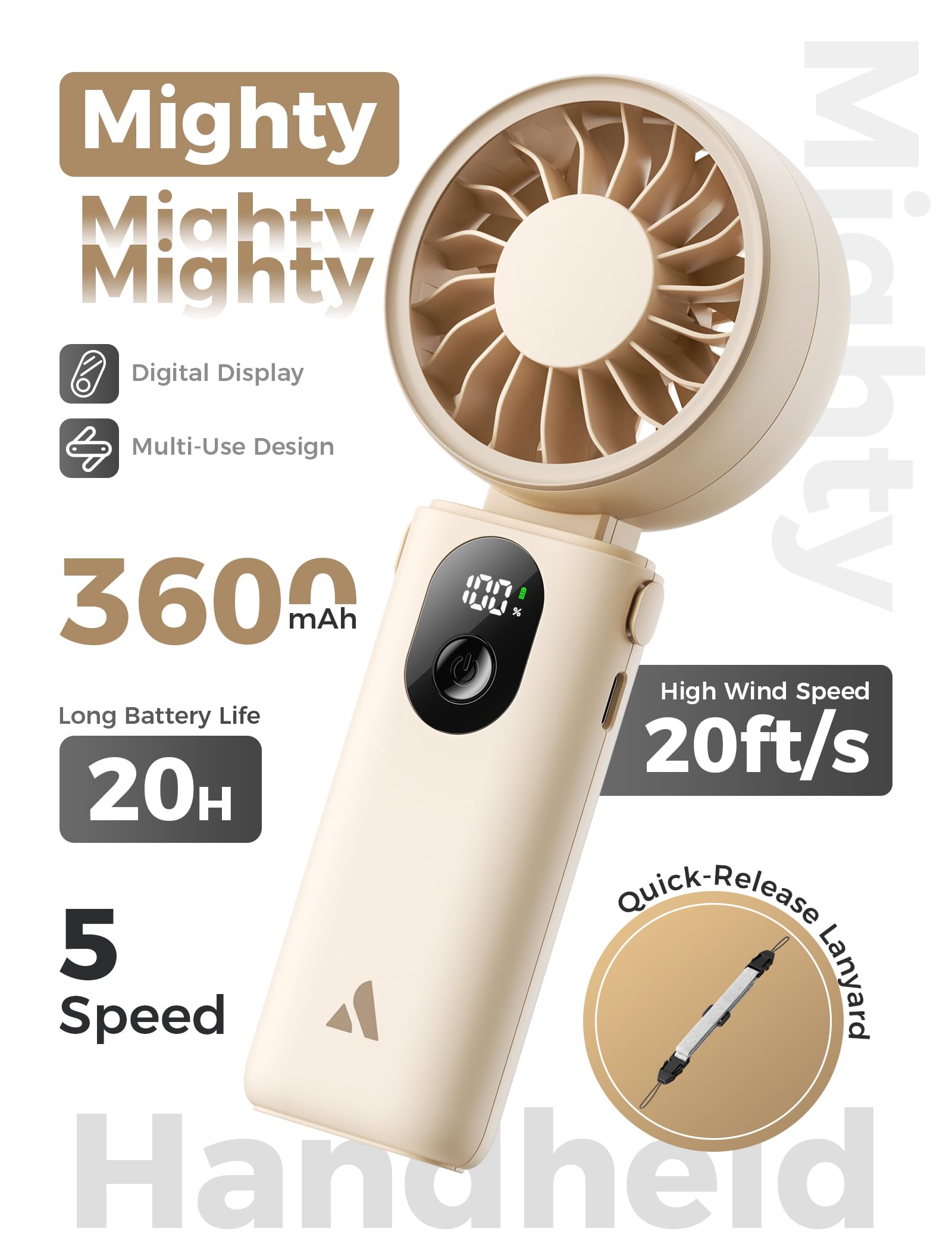 Aecooly Mighty Portable Hand Fan, 3 IN 1 USB Rechargeable Handheld Fan, [20H Max Cooling Time], 5-Speed Wind, LED Display, Mini Foldable Personal for Travle, Summer, Gifts for Women-Beige 🍁 All In One Marketplace Canada