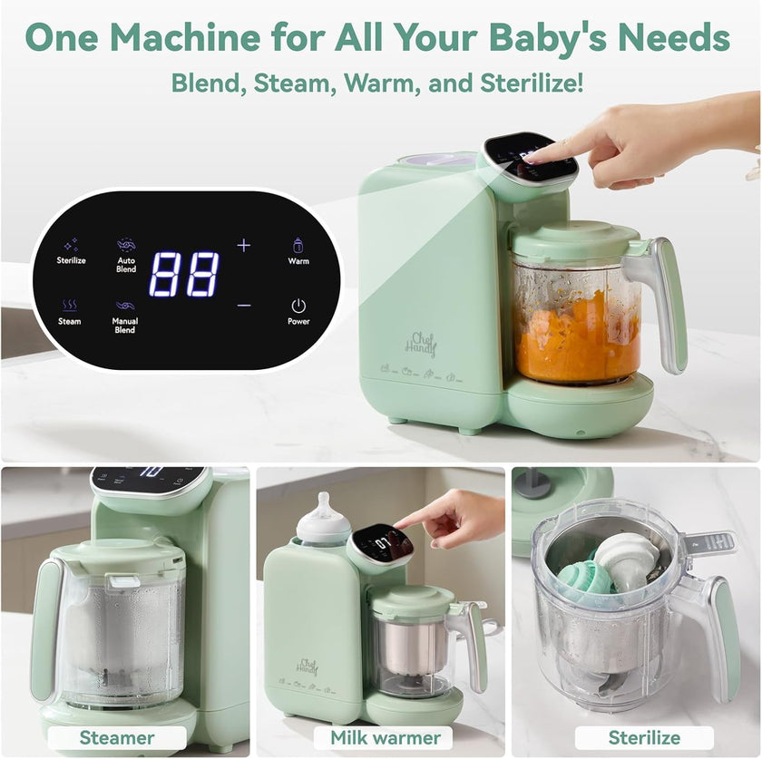 Chefhandy Baby Food Maker with Stainless Steel Steam Basket, 5-in-1 Baby Food Processor, Steamer & Blender, Auto Cooking, Pureeing, Reheating & Steam Cleaning, BPA-Free, 6 Reusable Pouches, Green 🍁 All In One Marketplace Canada