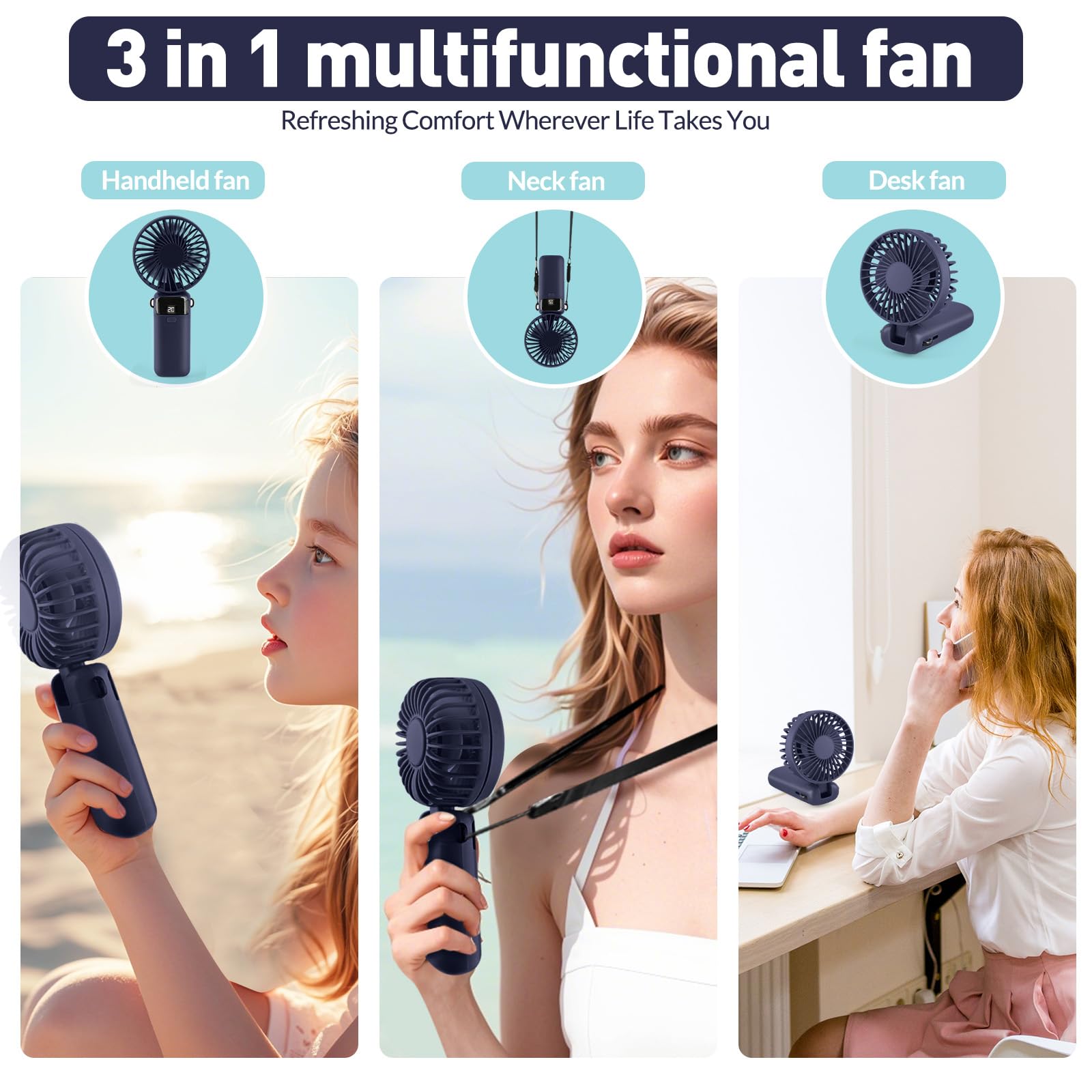 Portable Handheld Fan Rechargeable Small Fan 5 Speeds with Lanyard and Base USB Desk Fan Foldable Quiet Personal Fan with LED Display for Office, Home, Travel, Outdoor 🍁 All In One Marketplace Canada