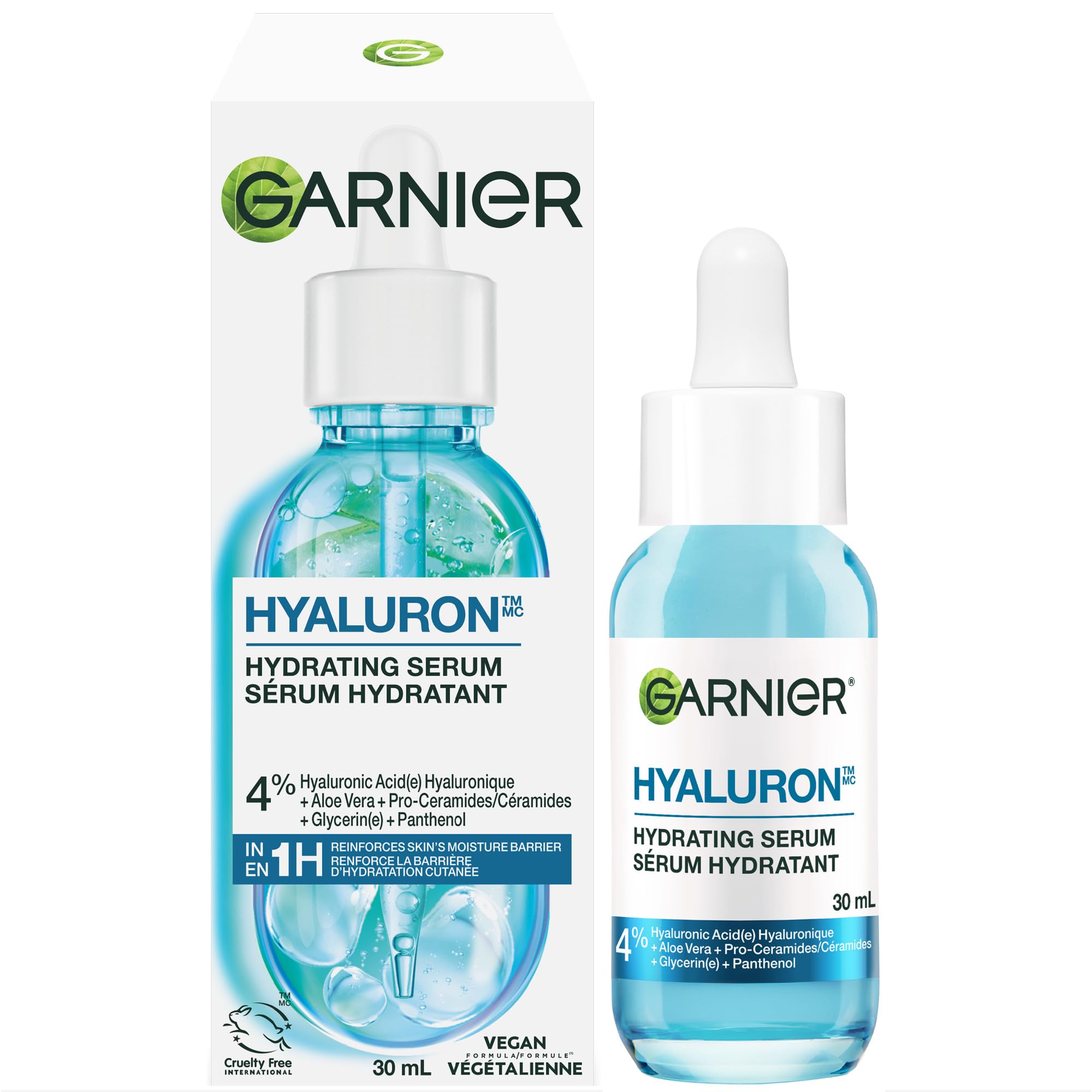 Garnier Hyaluronic Acid Face Serum, With Aloe Vera, Pro-Ceramides, Glycerin, Panthenol, Glass Skin, Reinforce Skin's Moisture Barrier, Hydrating, Replumpling, Normal To Combination, Vegan, 30ml 🍁 All In One Marketplace Canada